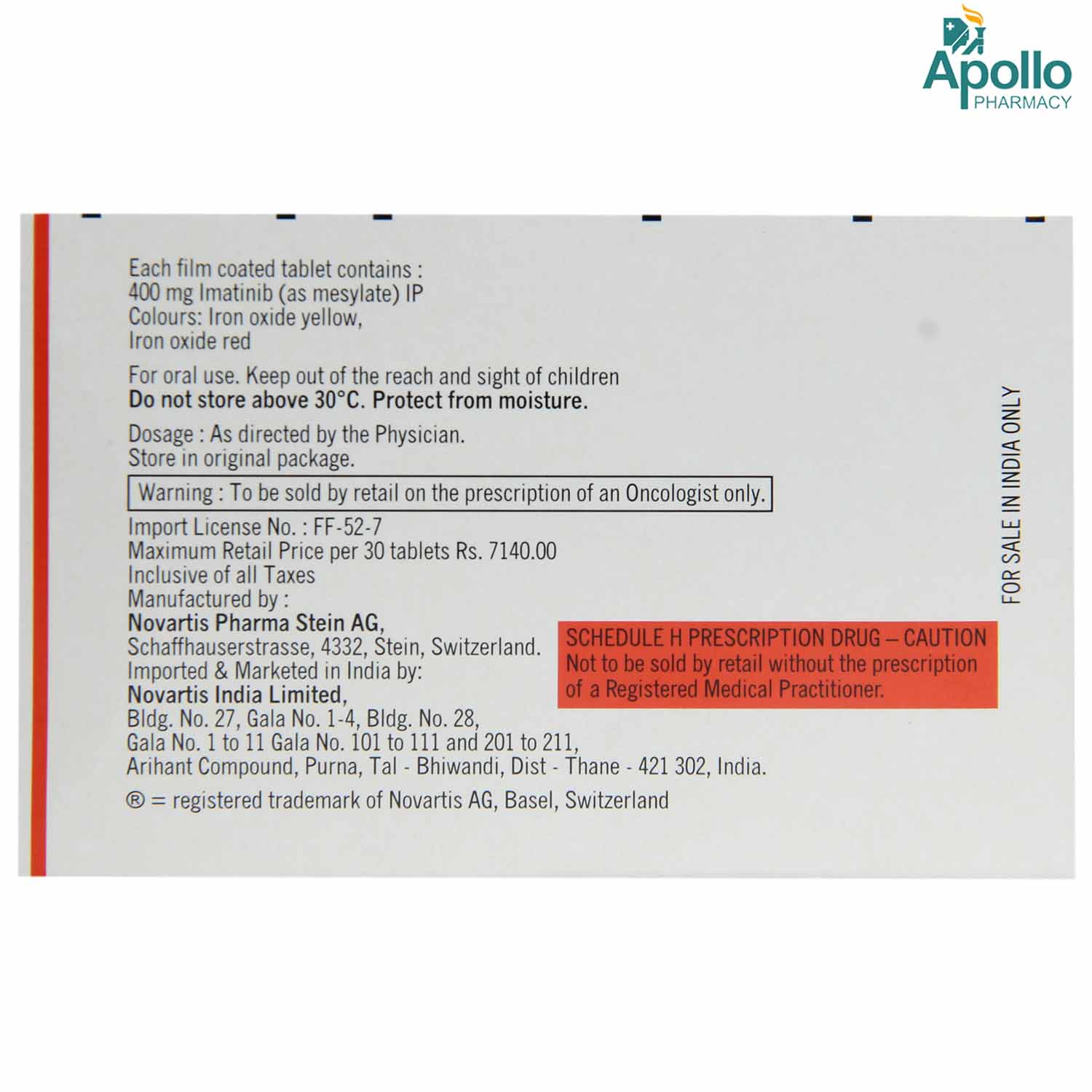 Glivec 400 mg Tablet 10's, Pack of 10 TABLETS Glivec 400 mg Tablet 10's, Pack of 10 TABLETS