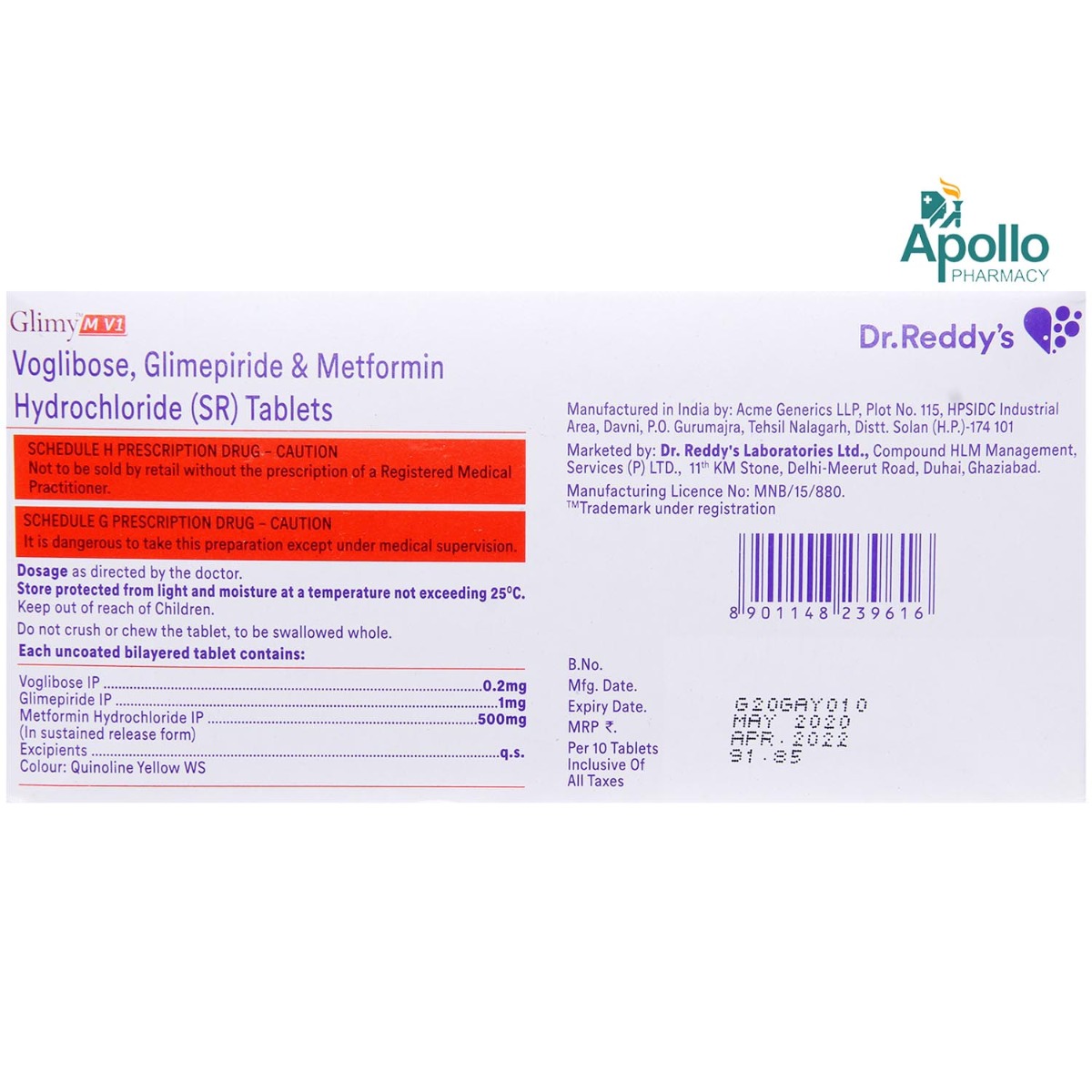 Glimy M V1 Tablet 10's, Pack of 10 TABLETS Glimy M V1 Tablet 10's, Pack of 10 TABLETS