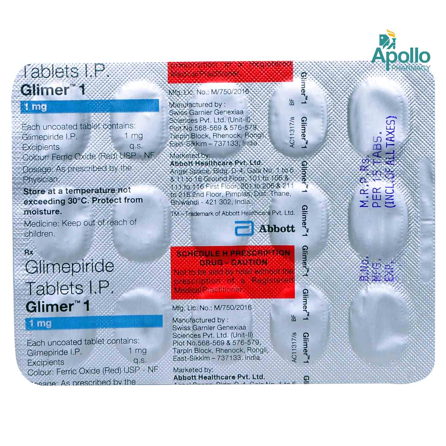 Glimer 1 Tablet 15's, Pack of 15 TABLETS Glimer 1 Tablet 15's, Pack of 15 TABLETS