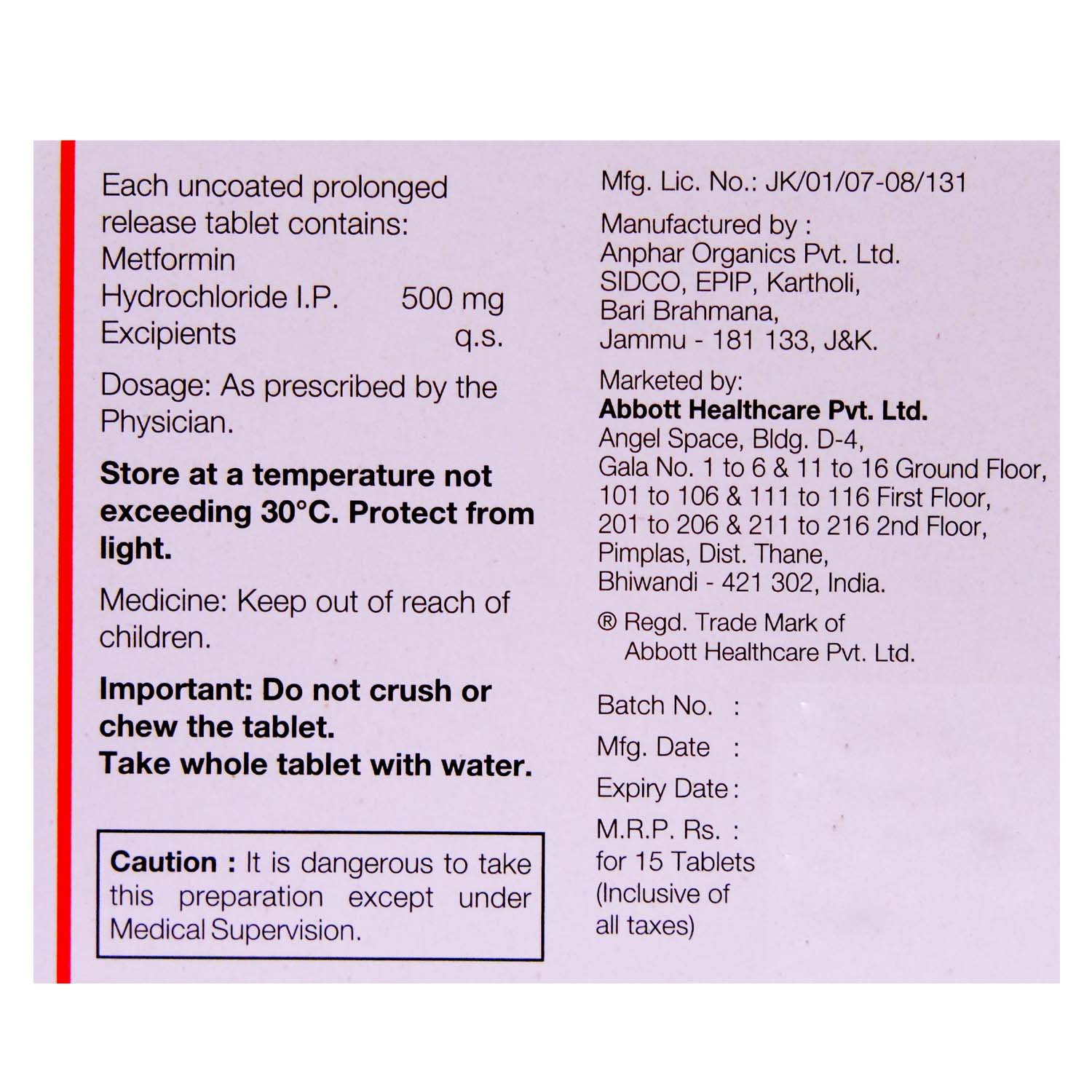 GLUFORMIN I 0.5 TABLET 15'S , Pack of 15 TABLET PRS GLUFORMIN I 0.5 TABLET 15'S , Pack of 15 TABLET PRS