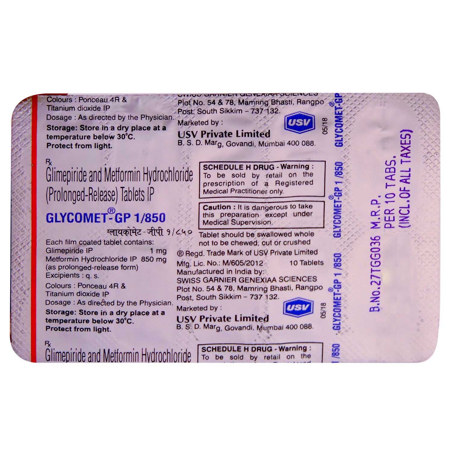 Glycomet-GP 1/850 Tablet 10's, Pack of 10 TABLETS Glycomet-GP 1/850 Tablet 10's, Pack of 10 TABLETS