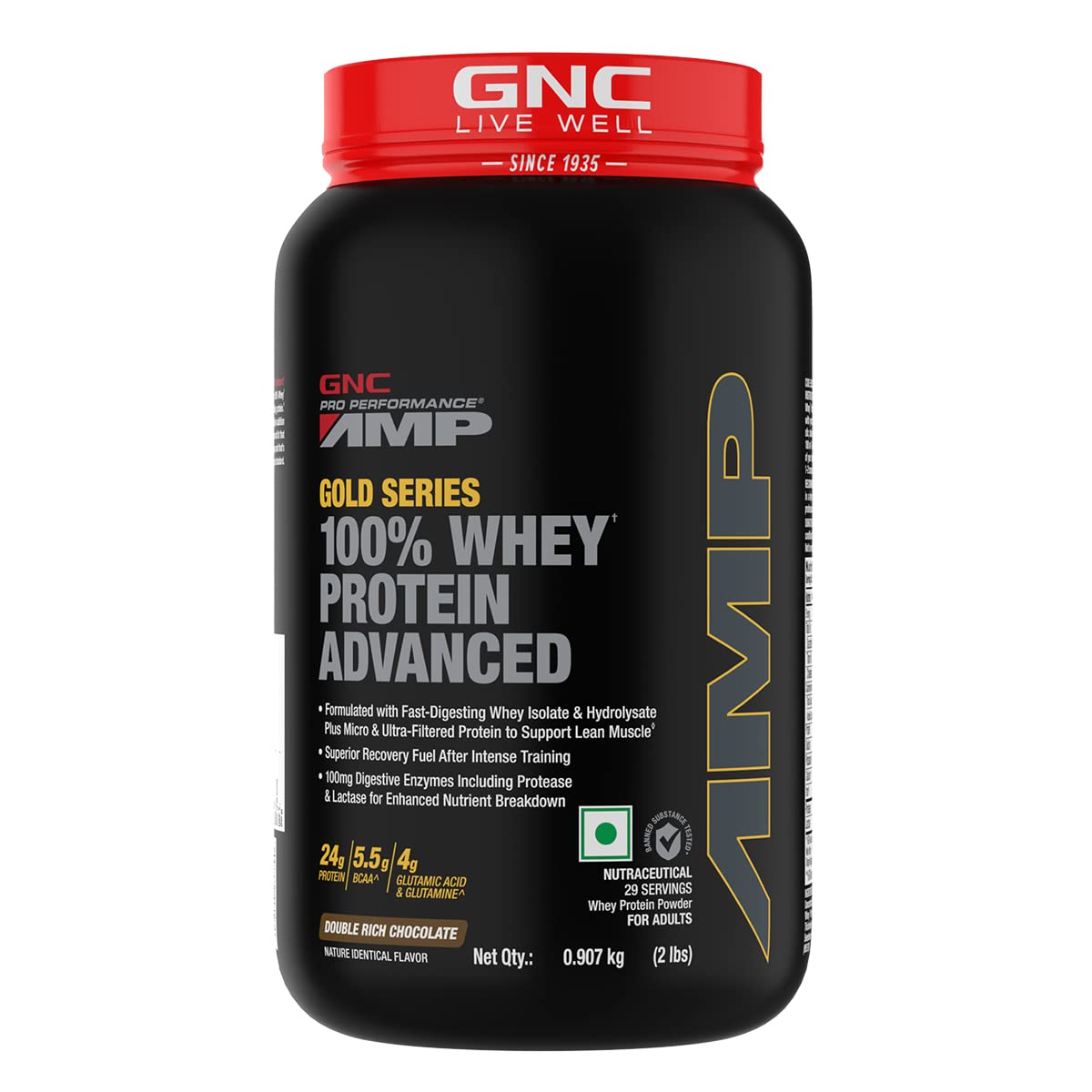 GNC AMP Gold 100% Whey Protein Advanced Double Rich Chocolate Flavour Powder, 0.907 kg, Pack of 1 GNC AMP Gold 100% Whey Protein Advanced Double Rich Chocolate Flavour Powder, 0.907 kg, Pack of 1