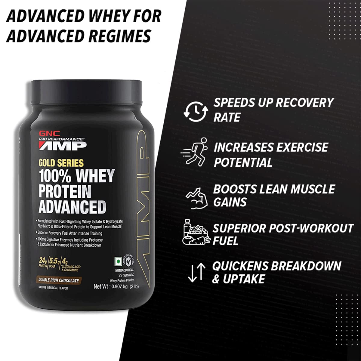 GNC AMP Gold 100% Whey Protein Advanced Double Rich Chocolate Flavour Powder, 0.907 kg, Pack of 1 GNC AMP Gold 100% Whey Protein Advanced Double Rich Chocolate Flavour Powder, 0.907 kg, Pack of 1