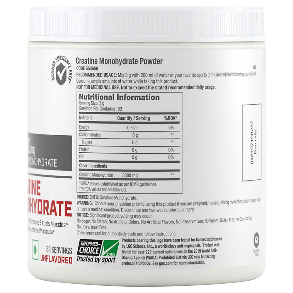 Gnc Pro Performance Creatine Monohydrate 3000 Mg Unflavored Powder 250 Gm Price Uses Side 1885