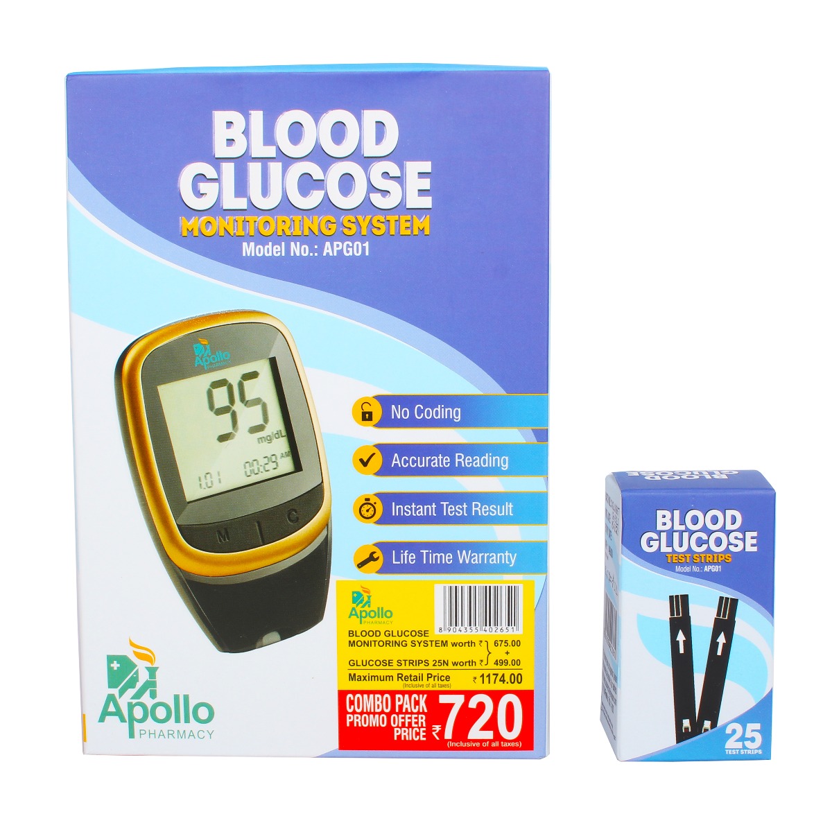 Apollo Pharmacy Blood Glucose Monitoring System APG01 with 25 Test