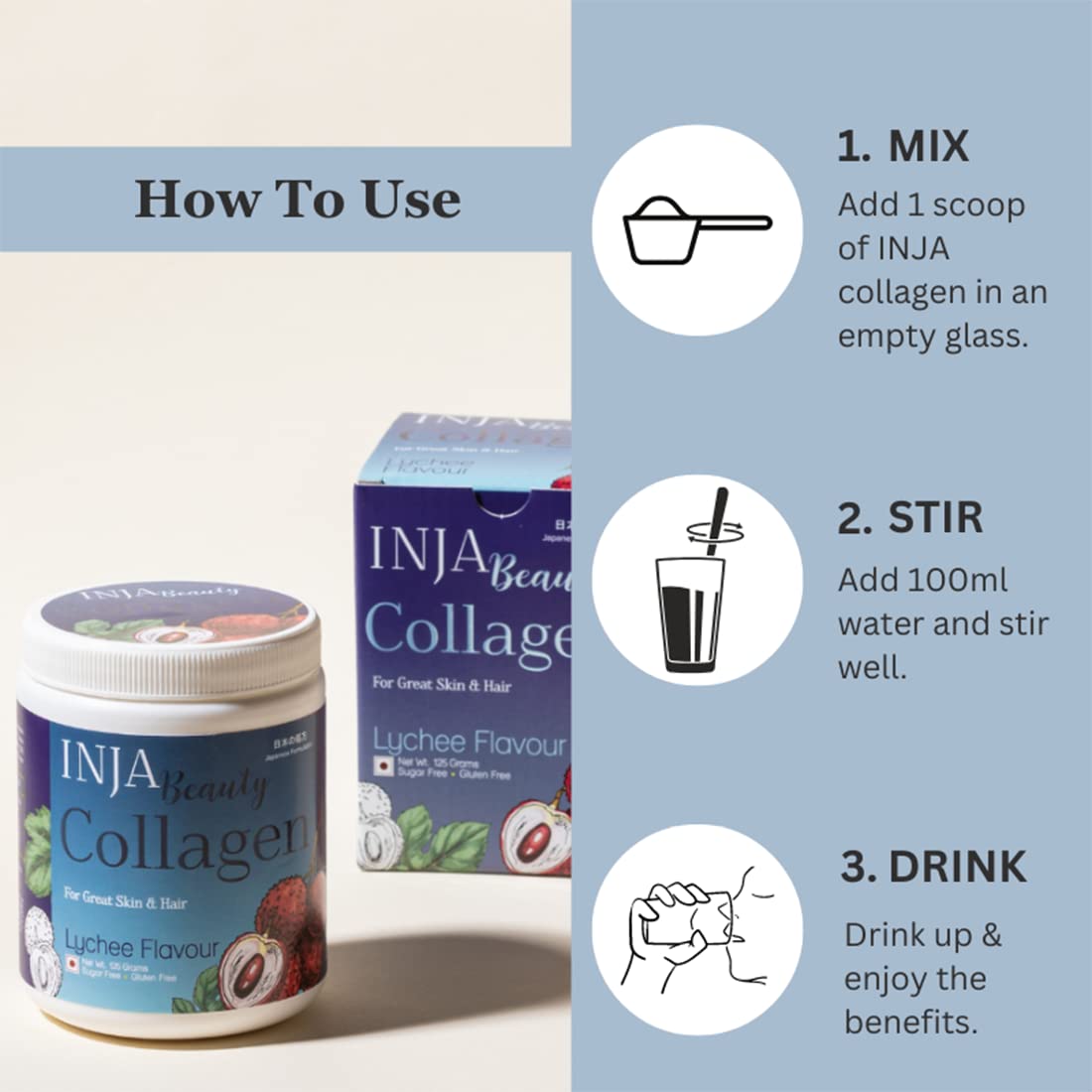 INJA Beauty Collagen Lychee Flavour Powder for Great Skin & Hair, 125 gm, Pack of 1 INJA Beauty Collagen Lychee Flavour Powder for Great Skin & Hair, 125 gm, Pack of 1