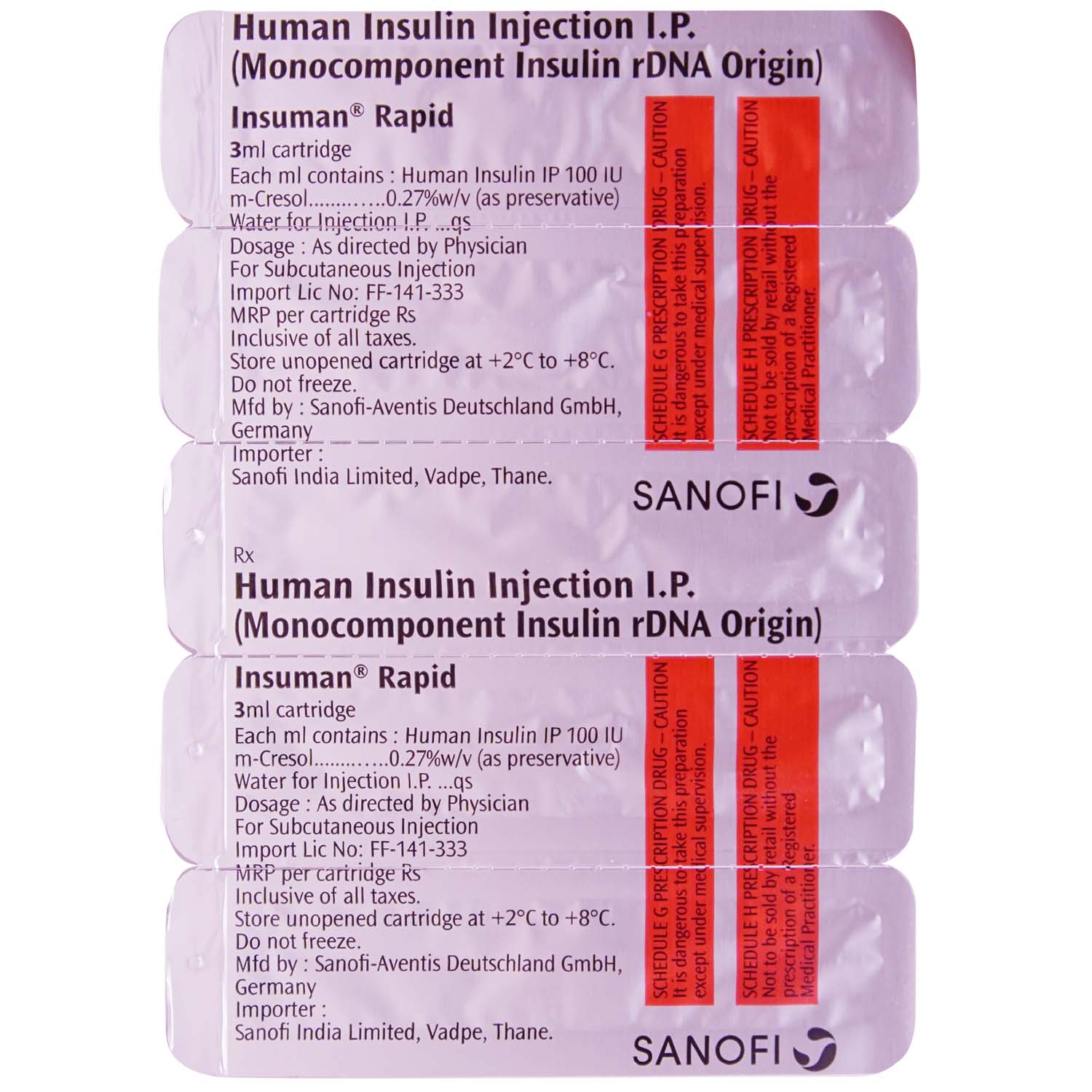Insuman Rapid 100Iu Injection 5 x 3 ml , Pack of 5 InjectionS Insuman Rapid 100Iu Injection 5 x 3 ml , Pack of 5 InjectionS