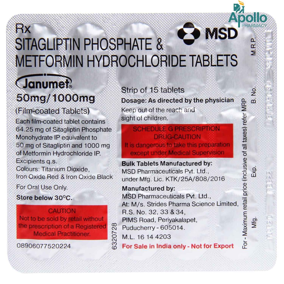 Janumet 50 mg/1000 mg Tablet 15's, Pack of 15 Janumet 50 mg/1000 mg Tablet 15's, Pack of 15