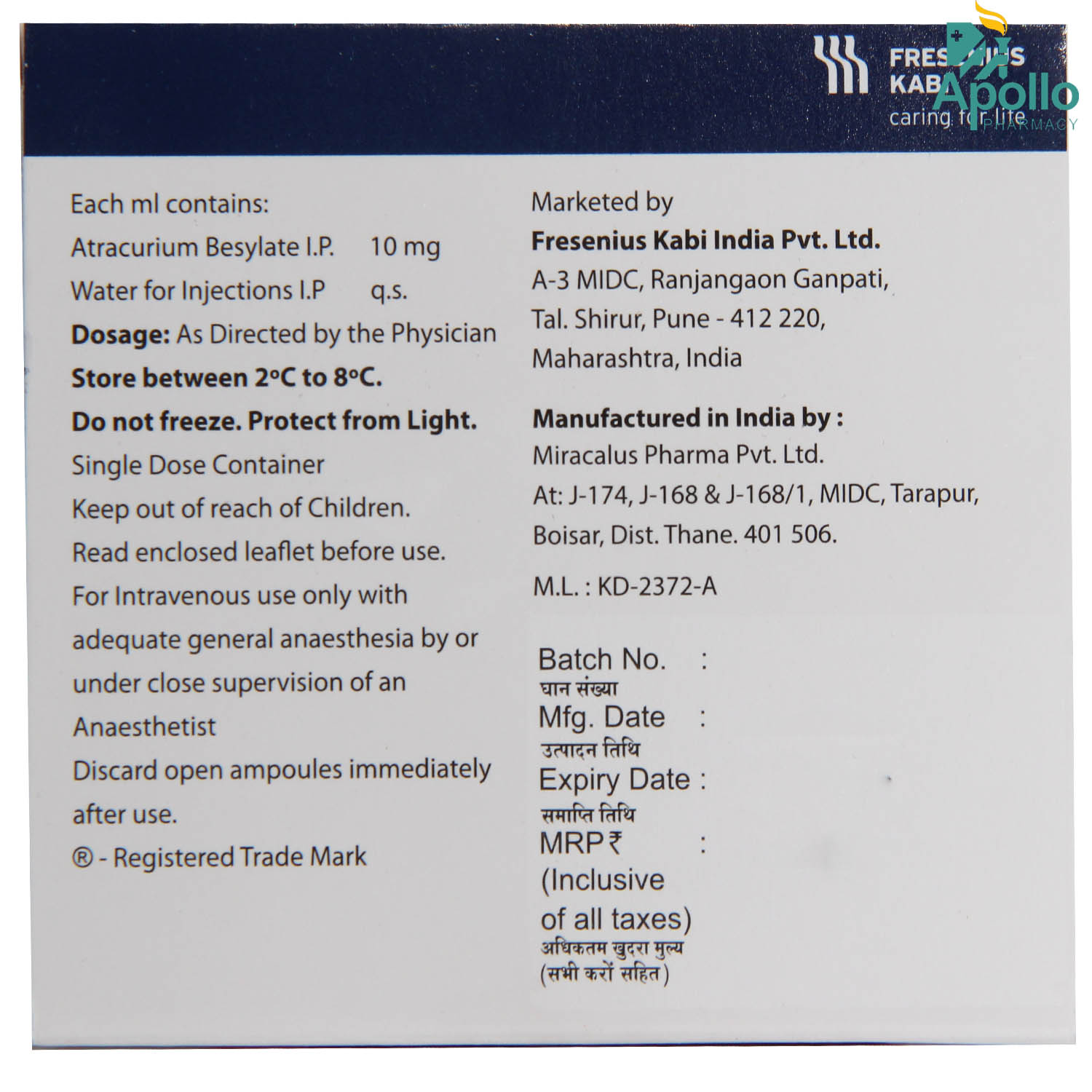 KABITRAN INJECTION 2.5ML, Pack of 1 Injection KABITRAN INJECTION 2.5ML, Pack of 1 Injection