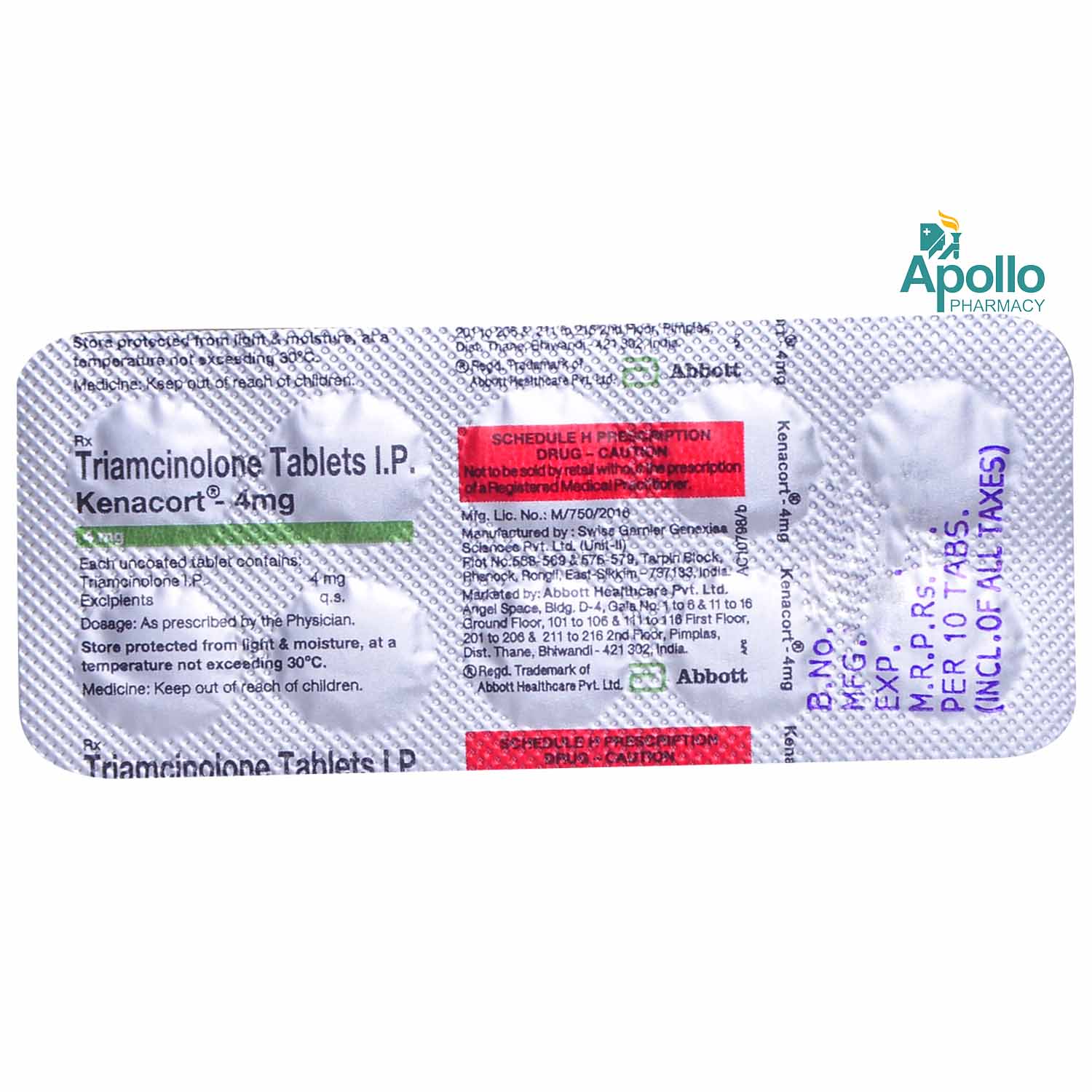 Kenacort-4 mg Tablet 10's, Pack of 10 TABLETS Kenacort-4 mg Tablet 10's, Pack of 10 TABLETS