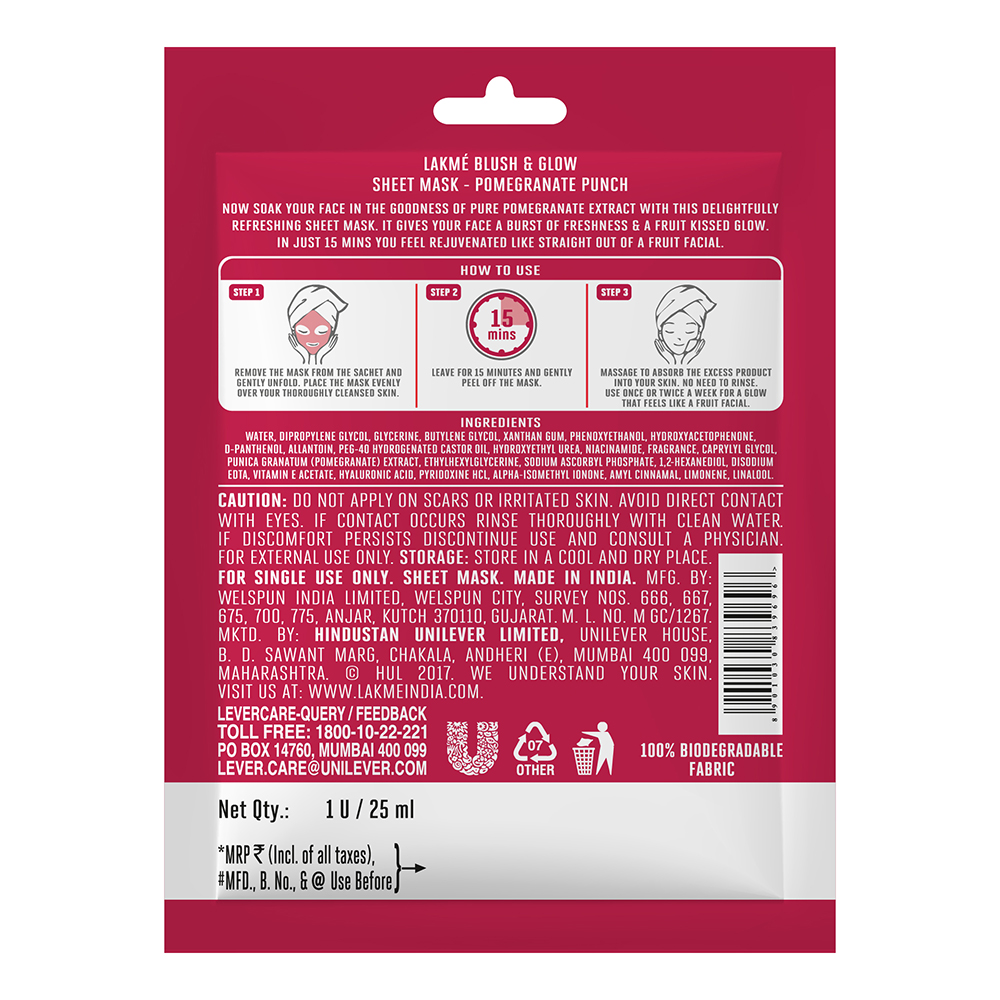 Lakme Blush & Glow Pomegranate Sheet Mask 25 ml | Fruit Facial Glow In 15 Mins, Pack of 1 Lakme Blush & Glow Pomegranate Sheet Mask 25 ml | Fruit Facial Glow In 15 Mins, Pack of 1