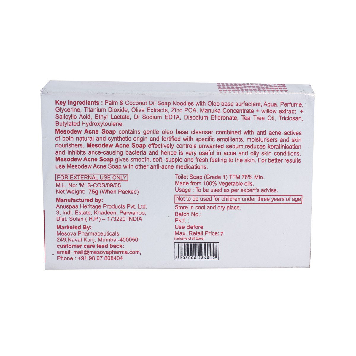 Mesodew Acne Soap 75 gm, Pack of 1 Mesodew Acne Soap 75 gm, Pack of 1
