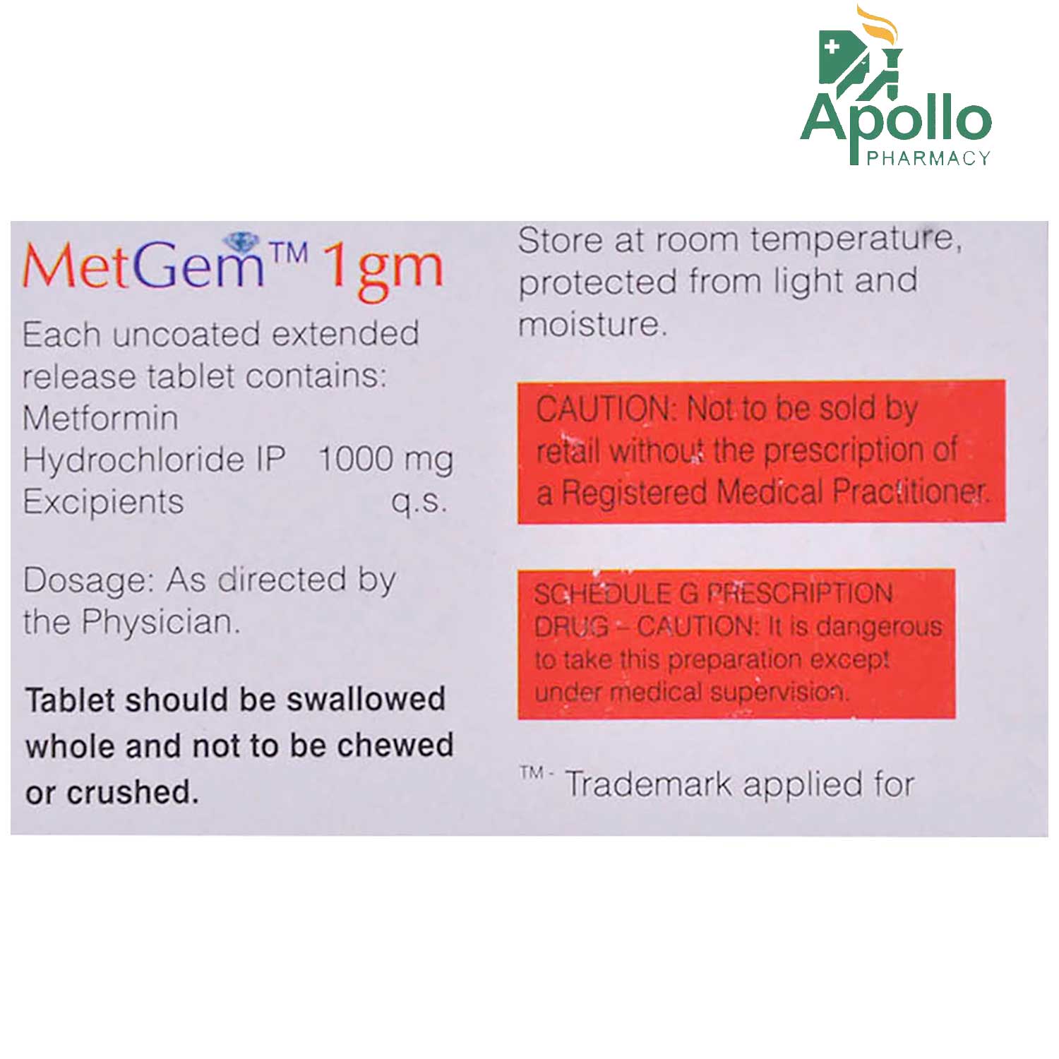 Metgem 1 gm Tablet 10's, Pack of 10 TABLETS Metgem 1 gm Tablet 10's, Pack of 10 TABLETS