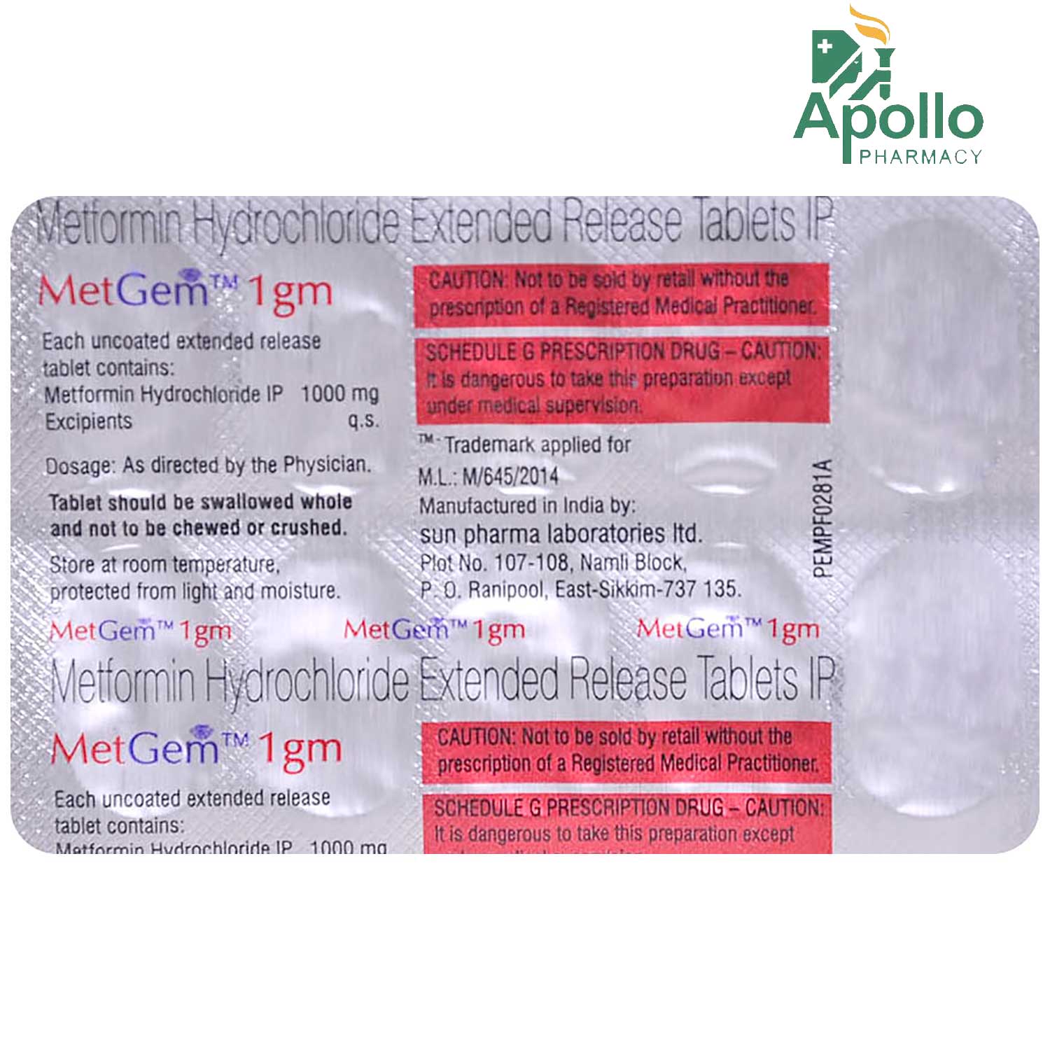 Metgem 1 gm Tablet 10's, Pack of 10 TABLETS Metgem 1 gm Tablet 10's, Pack of 10 TABLETS