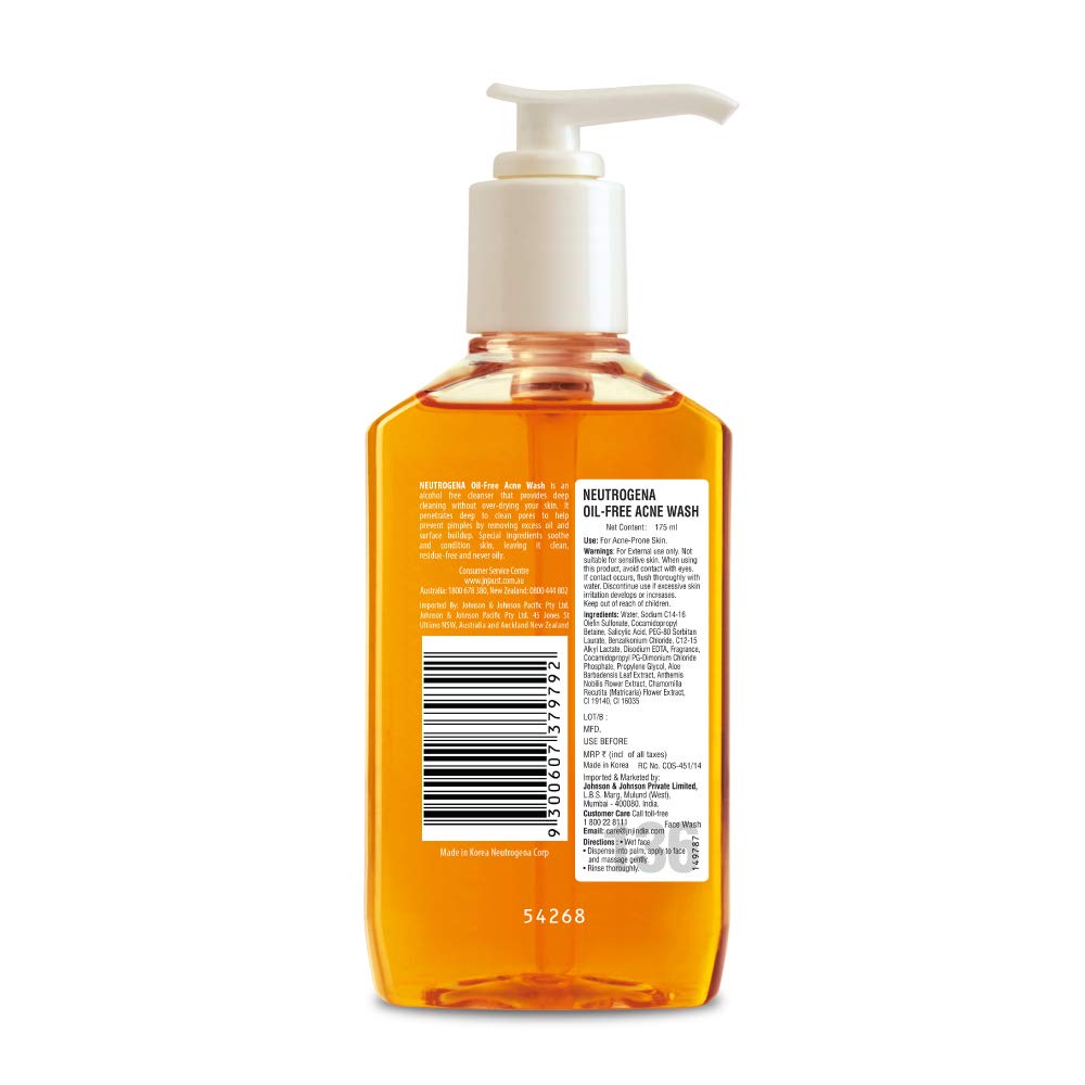 Neutrogena Oil Free Acne Wash Facial Cleanser 175 ml | Salicylic Acid | Provides Deep Cleansing | For Acne Prone Skin, Pack of 1 Neutrogena Oil Free Acne Wash Facial Cleanser 175 ml | Salicylic Acid | Provides Deep Cleansing | For Acne Prone Skin, Pack of 1
