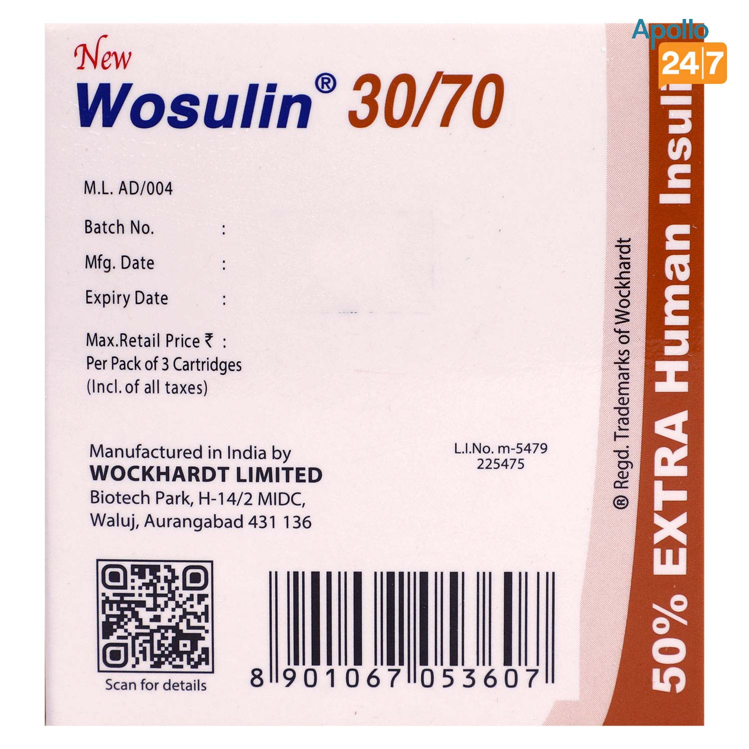 New Wosulin 30/70 100IU/ml Cartridge 3 x 3 ml, Pack of 3 INJECTIONS New Wosulin 30/70 100IU/ml Cartridge 3 x 3 ml, Pack of 3 INJECTIONS