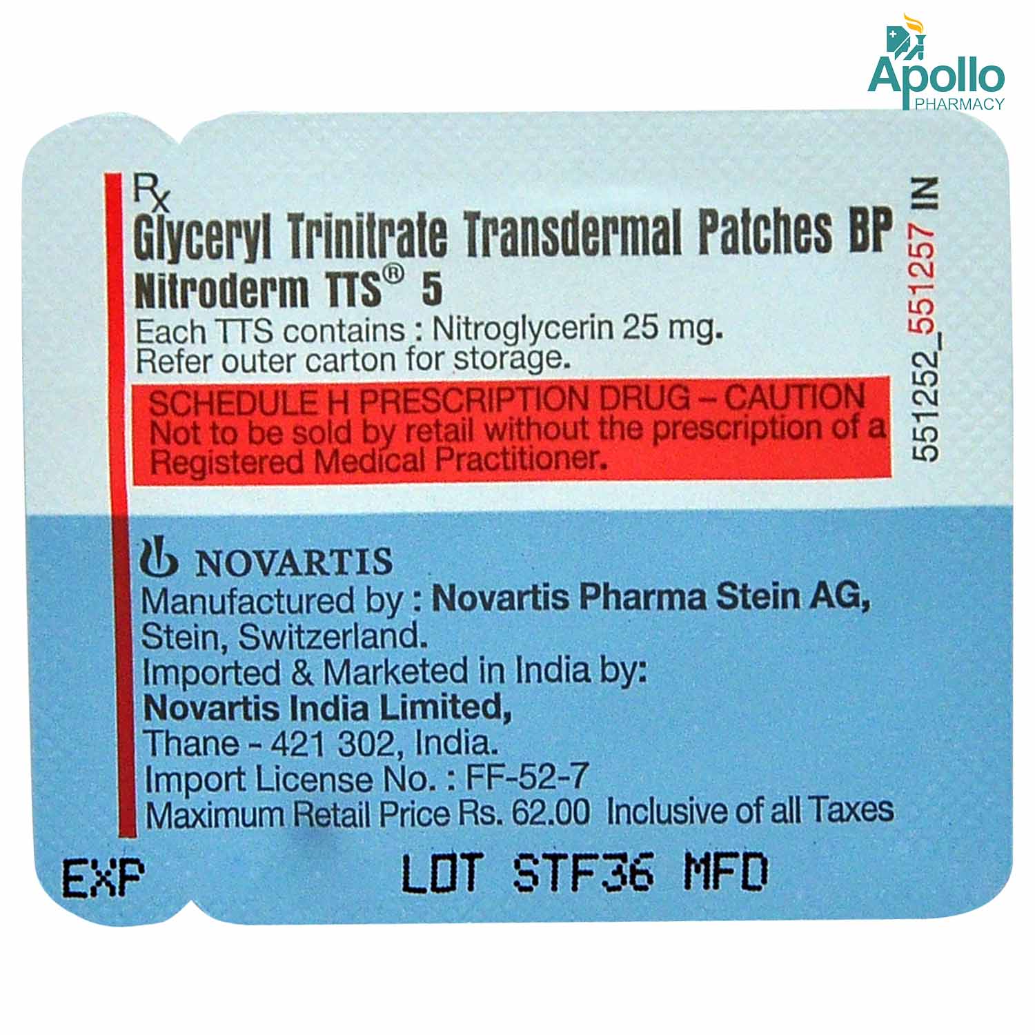 Nitroderm TTS 5 Transdermal Patch, Pack of 1 PATCH Nitroderm TTS 5 Transdermal Patch, Pack of 1 PATCH