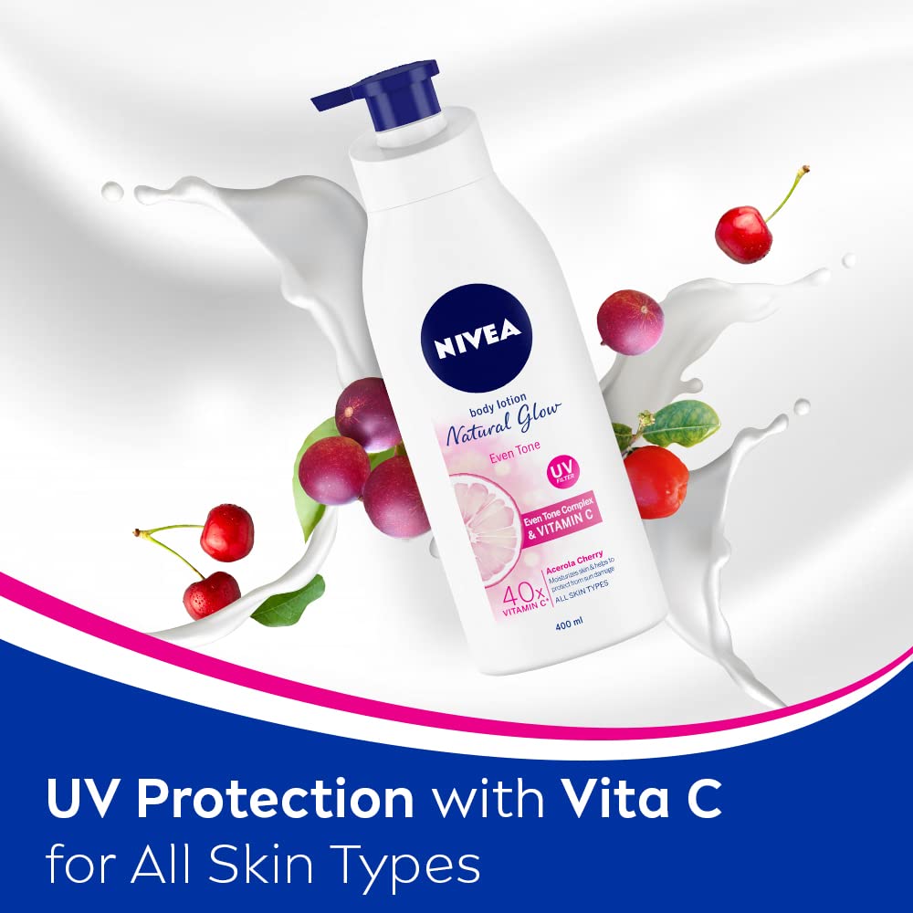 Nivea Natural Glow Even Tone Moisturising Body Lotion 400 ml | With Camu Camu & Acerola Cherry | 40 X Vitamin C | Moisturises Skin | With Uv Filters For UV Protection | For All Skin Types, Pack of 1 Nivea Natural Glow Even Tone Moisturising Body Lotion 400 ml | With Camu Camu & Acerola Cherry | 40 X Vitamin C | Moisturises Skin | With Uv Filters For UV Protection | For All Skin Types, Pack of 1