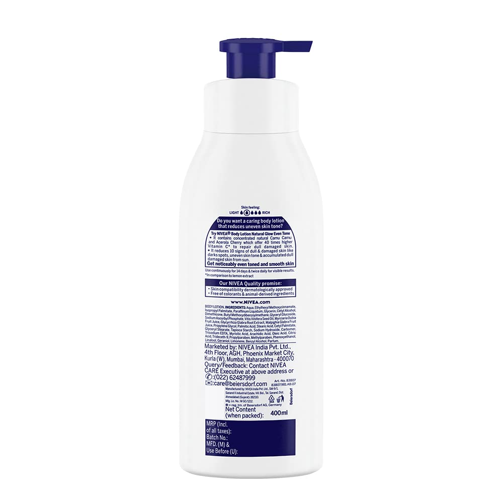 Nivea Natural Glow Even Tone Moisturising Body Lotion 400 ml | With Camu Camu & Acerola Cherry | 40 X Vitamin C | Moisturises Skin | With Uv Filters For UV Protection | For All Skin Types, Pack of 1 Nivea Natural Glow Even Tone Moisturising Body Lotion 400 ml | With Camu Camu & Acerola Cherry | 40 X Vitamin C | Moisturises Skin | With Uv Filters For UV Protection | For All Skin Types, Pack of 1