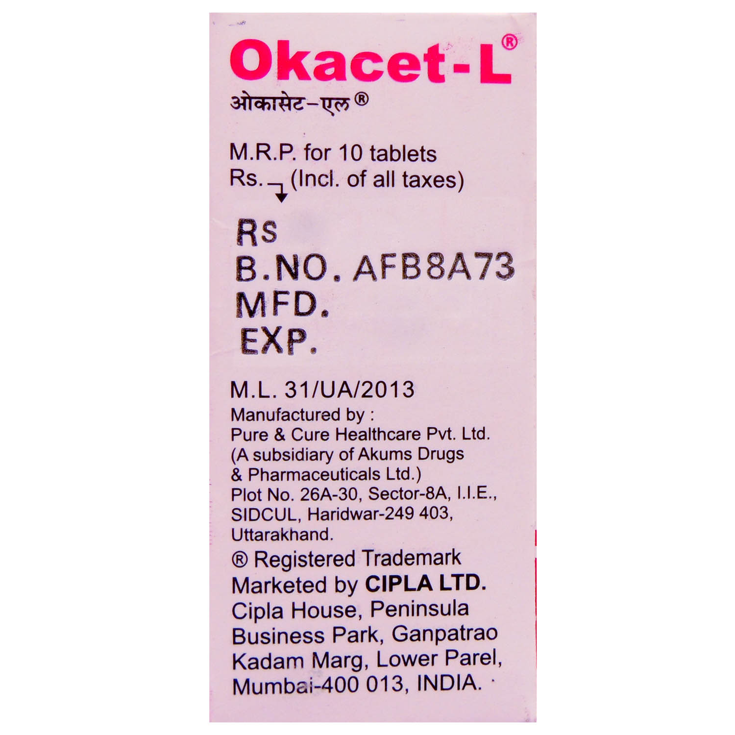 Okacet L Tablet 10's, Pack of 10 TABLETS Okacet L Tablet 10's, Pack of 10 TABLETS