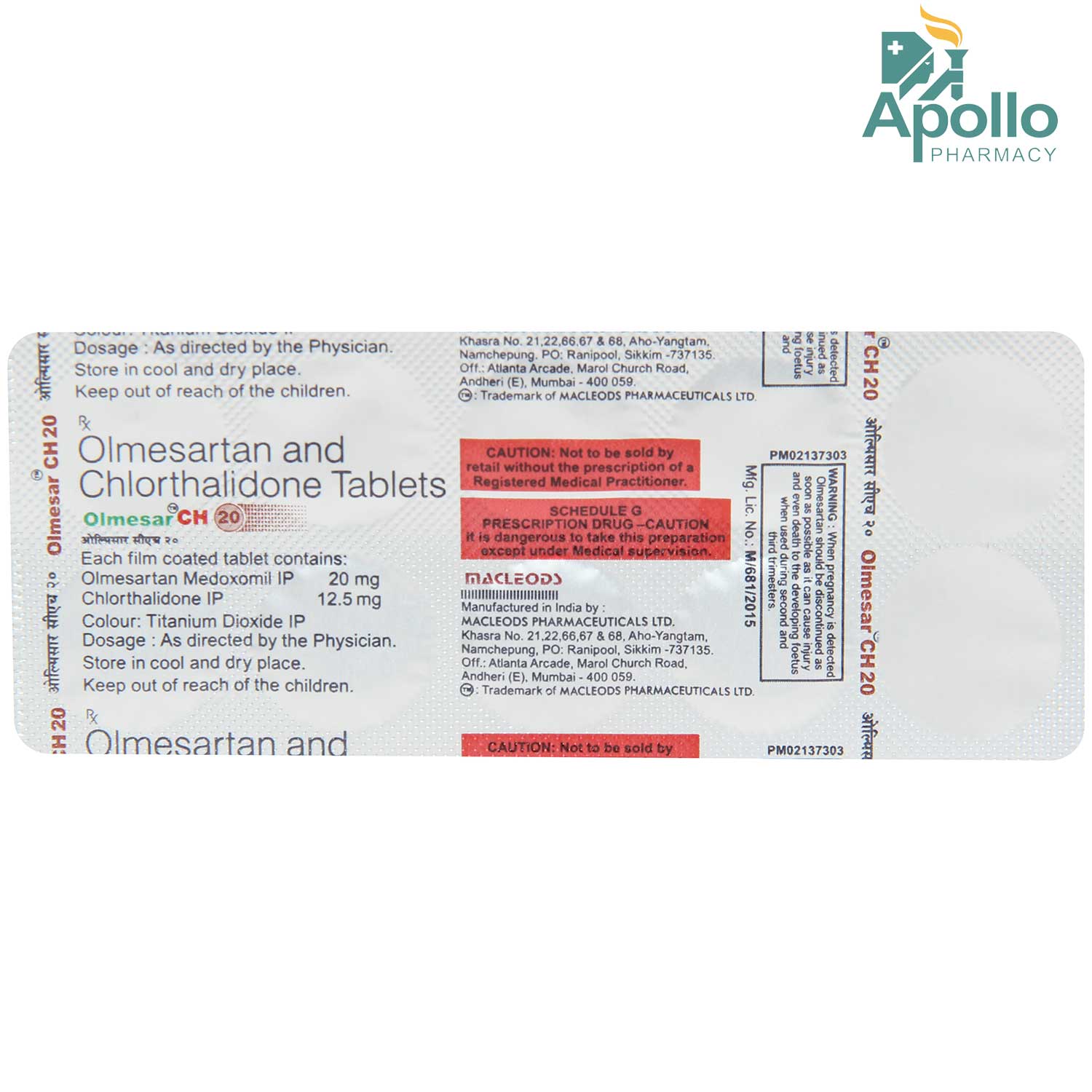 Olmesar CH 20 mg/12.5 mg Tablet 10's, Pack of 10 TABLETS Olmesar CH 20 mg/12.5 mg Tablet 10's, Pack of 10 TABLETS