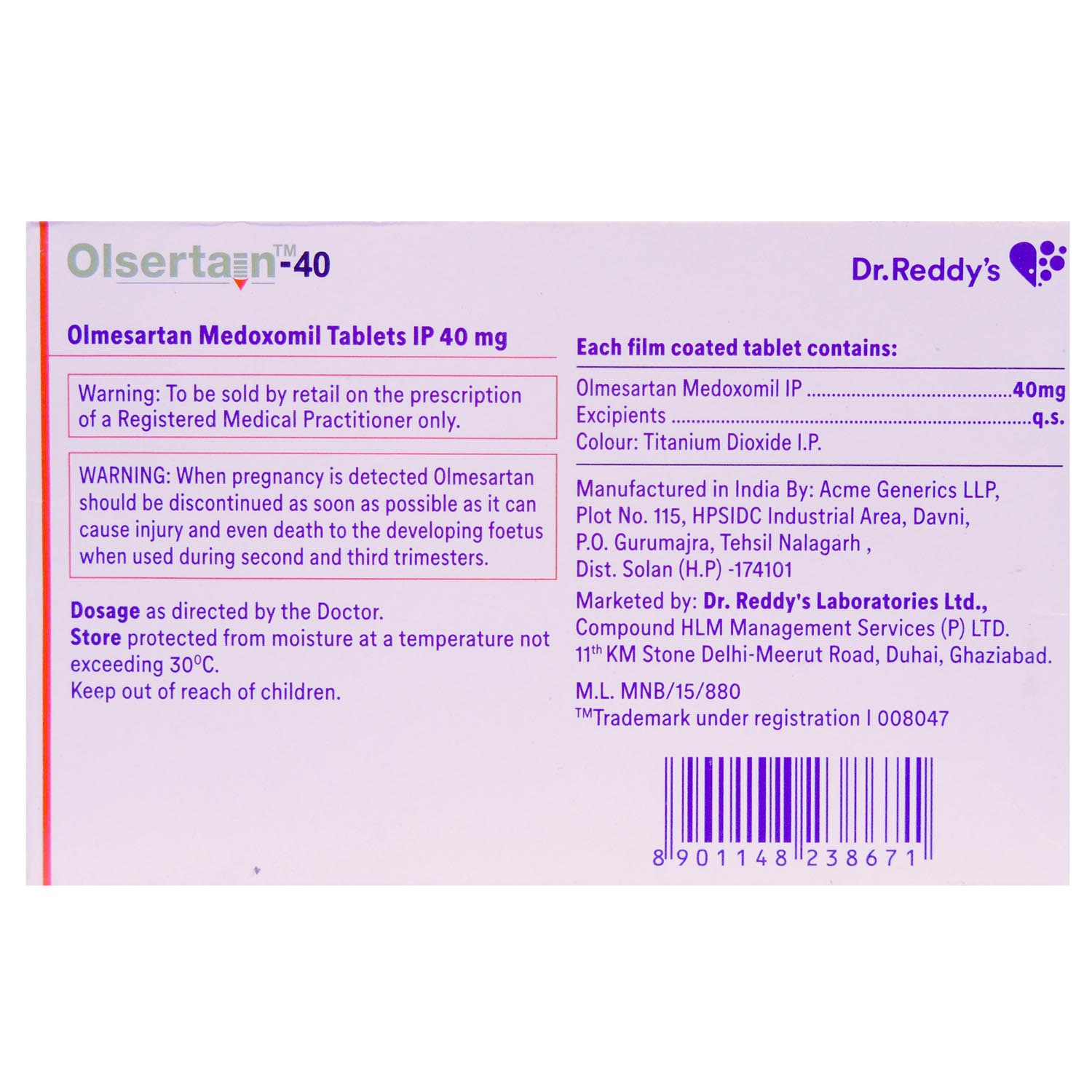 Olsertain 40 mg Tablet 15's, Pack of 15 TABLETS Olsertain 40 mg Tablet 15's, Pack of 15 TABLETS