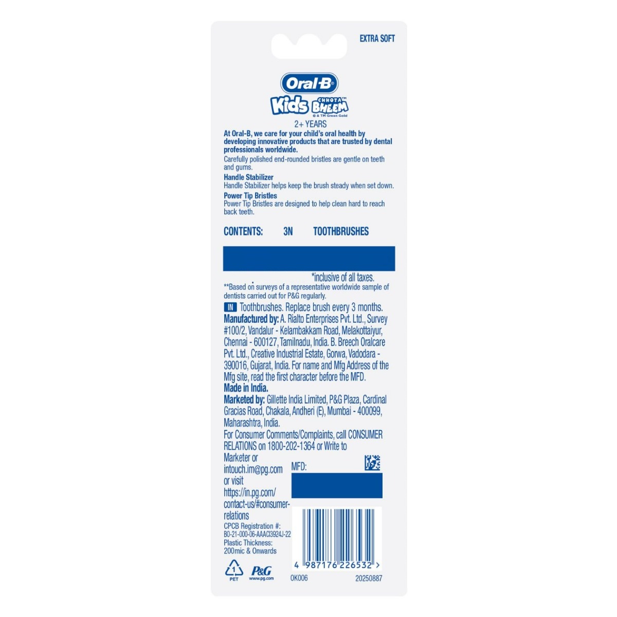 Oral-B Kids Chhota Bheem Toothbrush, 3 Count, Pack of 1 Oral-B Kids Chhota Bheem Toothbrush, 3 Count, Pack of 1