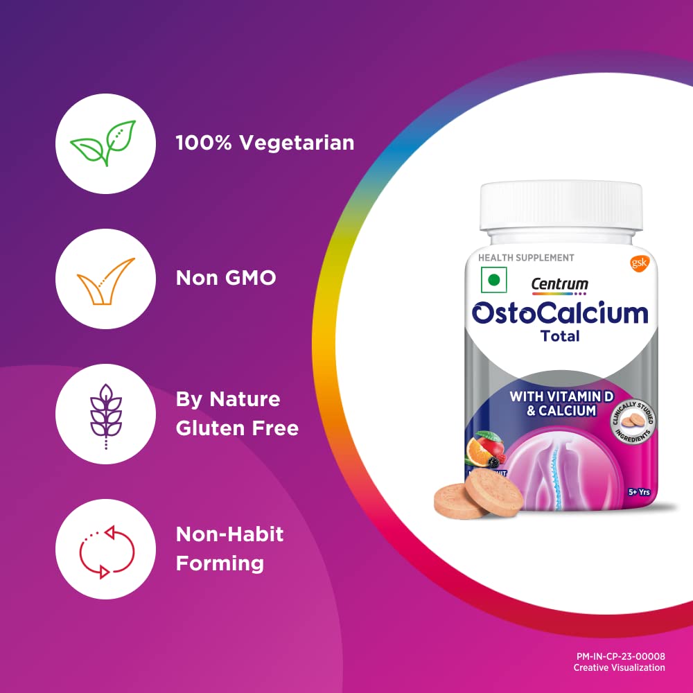 Centrum Ostocalcium Total Mixed Fruit Flavour, 30 Chewable Tablets, Pack of 1 Chewable Tablet Centrum Ostocalcium Total Mixed Fruit Flavour, 30 Chewable Tablets, Pack of 1 Chewable Tablet
