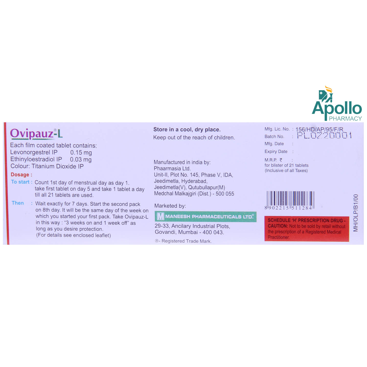 Ovipauz L Tablet 21's, Pack of 1 TABLET Ovipauz L Tablet 21's, Pack of 1 TABLET