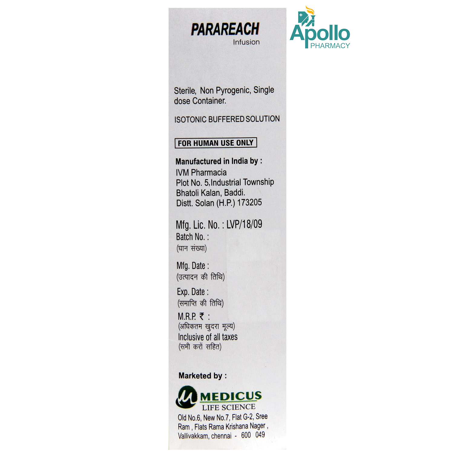 Parareach Iv Vial 1000mg/100ml, Pack of 1 INJECTION Parareach Iv Vial 1000mg/100ml, Pack of 1 INJECTION