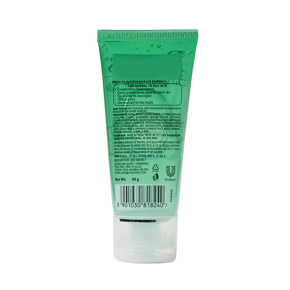 Pears Oil Clear Glow Face Wash 60 gm | With Lemon Flower Extract | Soap Free | For Normal To Oily Skin, Pack of 1 Pears Oil Clear Glow Face Wash 60 gm | With Lemon Flower Extract | Soap Free | For Normal To Oily Skin, Pack of 1