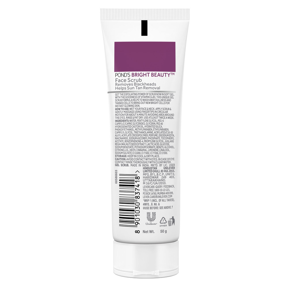 Pond's Bright Beauty Face Scrub 50 gm | Cleanses & Purifies Skin | Blackheads & Tan Removal Scrub | For Instant Glowing Skin, Pack of 1 Pond's Bright Beauty Face Scrub 50 gm | Cleanses & Purifies Skin | Blackheads & Tan Removal Scrub | For Instant Glowing Skin, Pack of 1