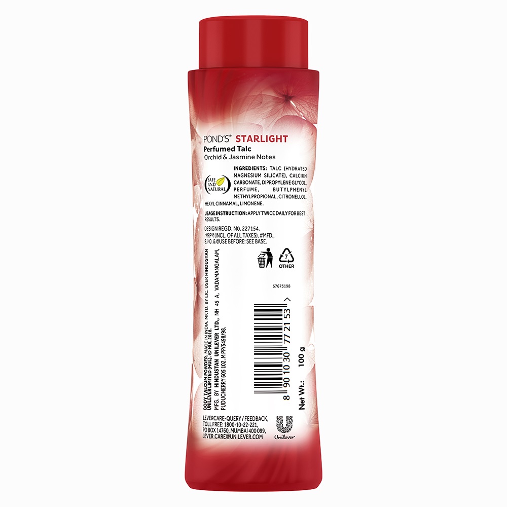 Pond's Starlight Talcum Powder 100 gm | With Orchid & Jasmin Notes | Reduces Sweat | Fights Body Odour With Orchid & Jasmin Fragrance | For Both Men & Women, Pack of 1 Pond's Starlight Talcum Powder 100 gm | With Orchid & Jasmin Notes | Reduces Sweat | Fights Body Odour With Orchid & Jasmin Fragrance | For Both Men & Women, Pack of 1
