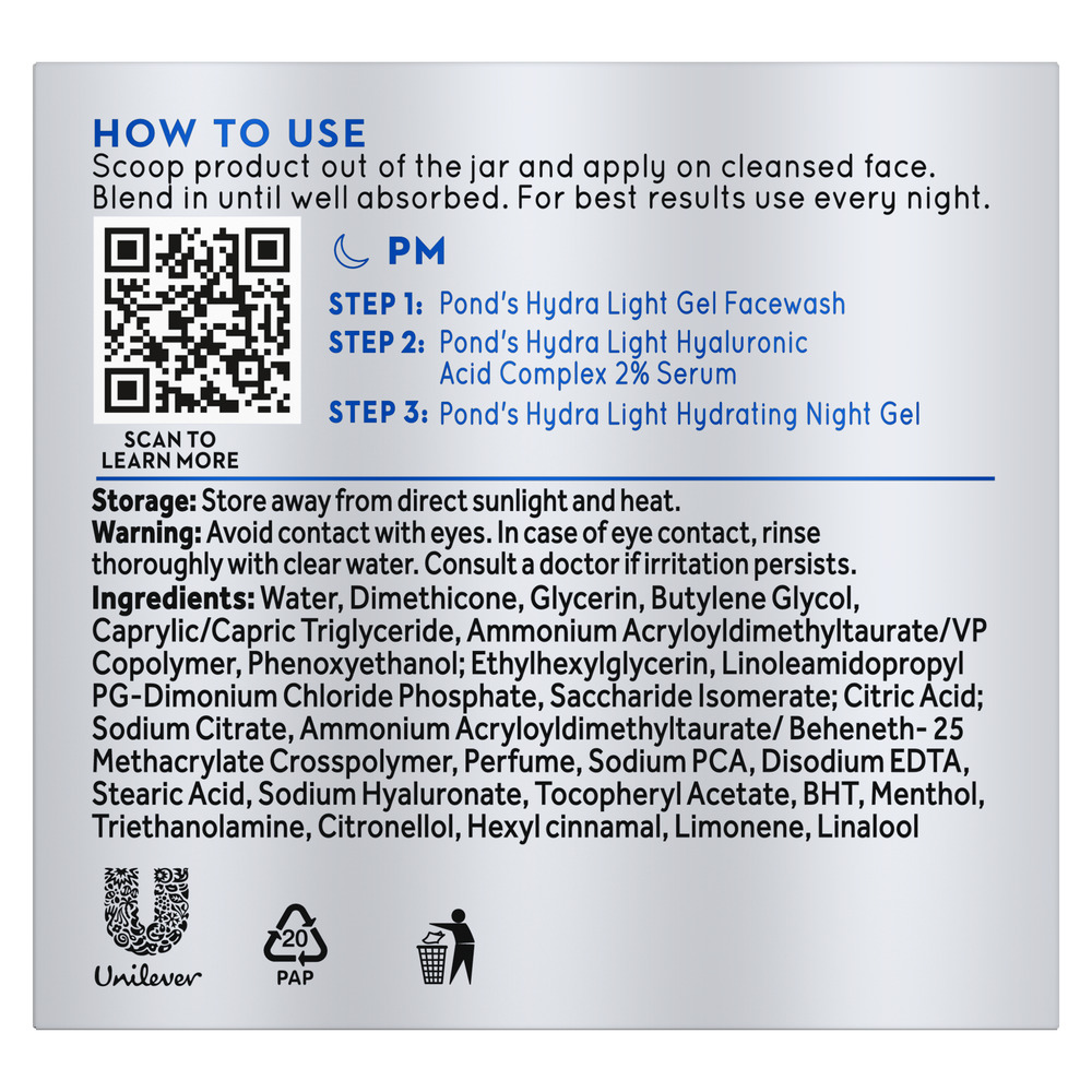 Pond's Hydralight Hyaluronic Acid Hydrating Night Gel 50 gm | Hyaluronic Acid & Pentavitin | Plumps Skin For 72 Hrs | Reduces Moisture Loss, Pack of 1 Pond's Hydralight Hyaluronic Acid Hydrating Night Gel 50 gm | Hyaluronic Acid & Pentavitin | Plumps Skin For 72 Hrs | Reduces Moisture Loss, Pack of 1
