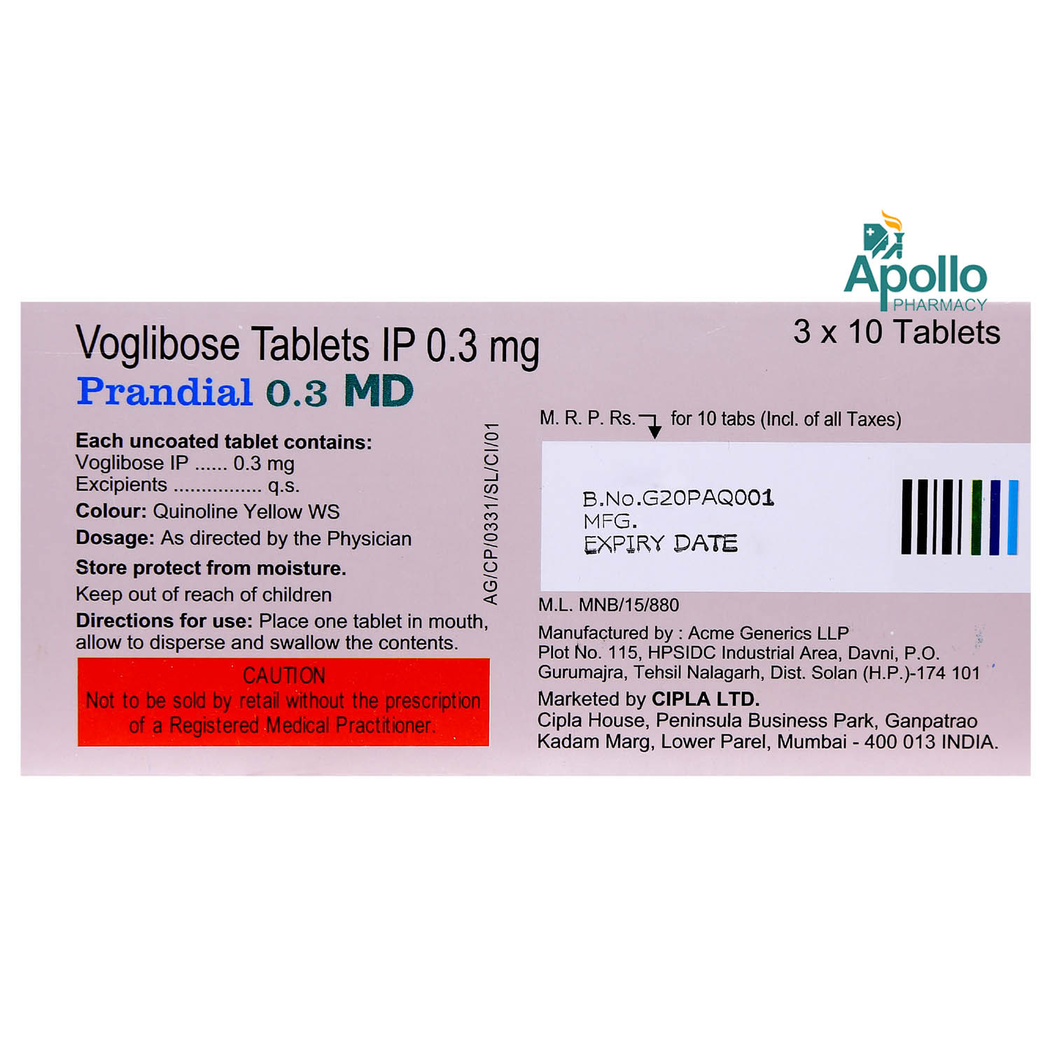 Prandial 0.3 MD Tablet 10's Prandial 0.3 MD Tablet 10's