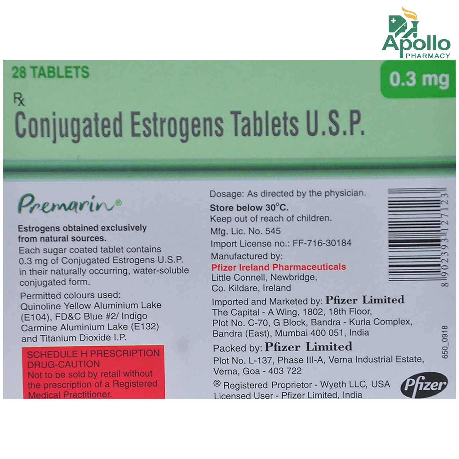 Premarin 0.3 mg Tablet 28's, Pack of 28 TABLETS Premarin 0.3 mg Tablet 28's, Pack of 28 TABLETS