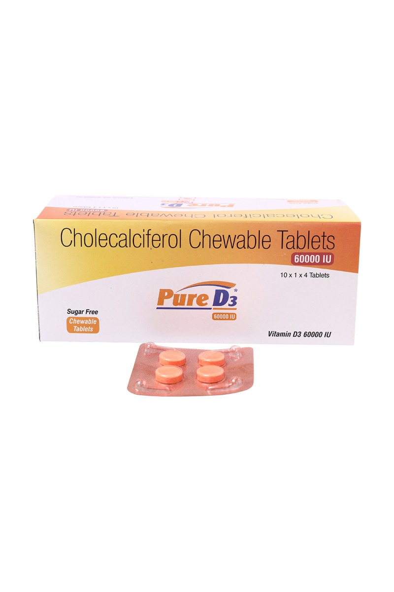 Pure D3 60000IU Sugar Free Chewable Tablet 4's, Pack of 4 Pure D3 60000IU Sugar Free Chewable Tablet 4's, Pack of 4