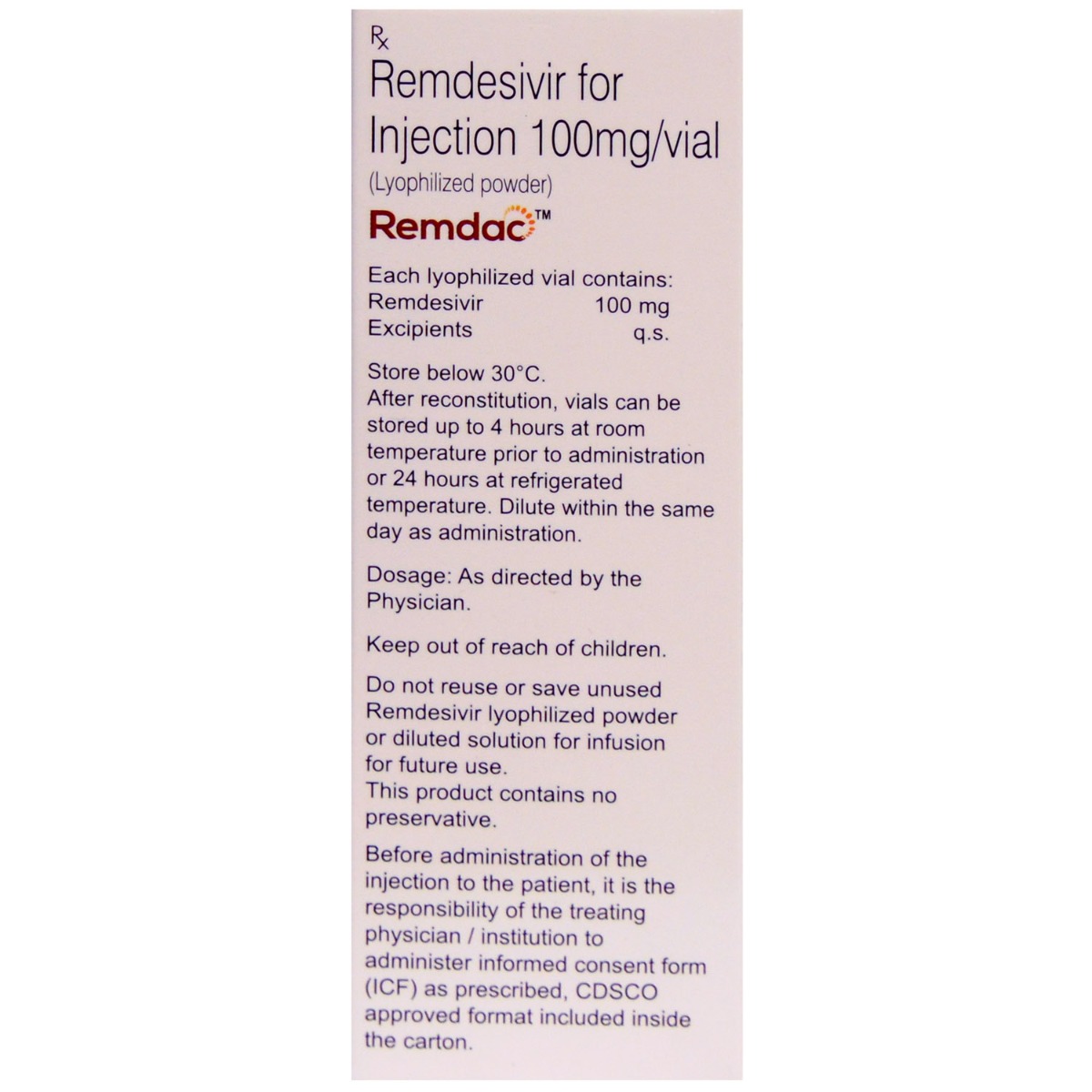 Remdac 100 mg Injection, Pack of 1 INJECTION Remdac 100 mg Injection, Pack of 1 INJECTION