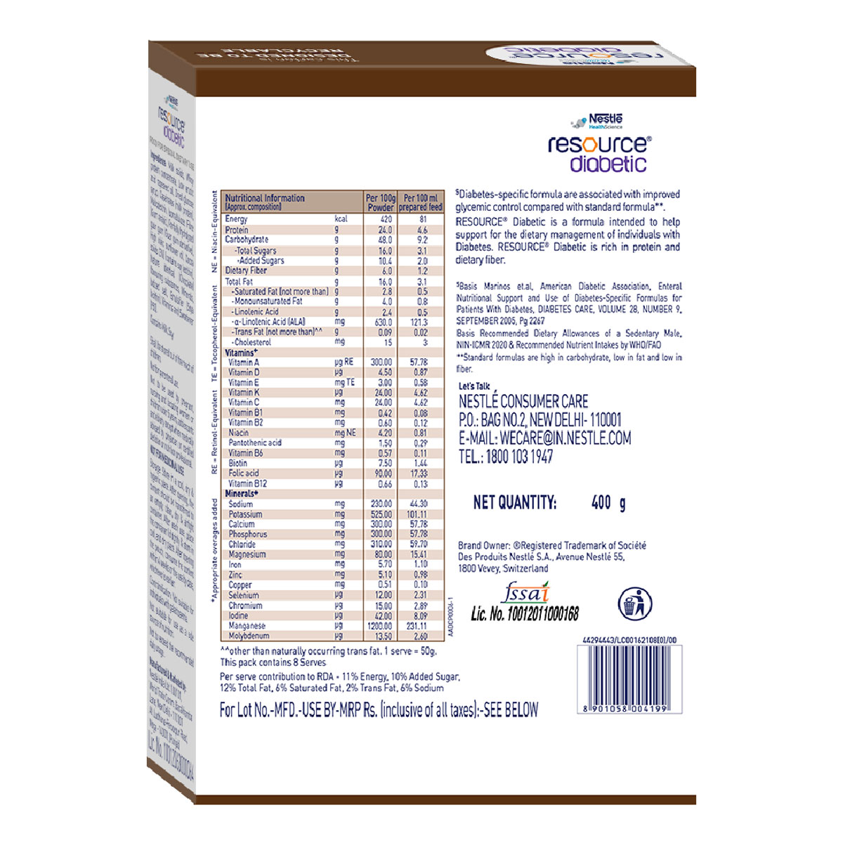 Nestle Resource Diabetic Chocolate Flavour Powder, 400 gm, Pack of 1 Nestle Resource Diabetic Chocolate Flavour Powder, 400 gm, Pack of 1