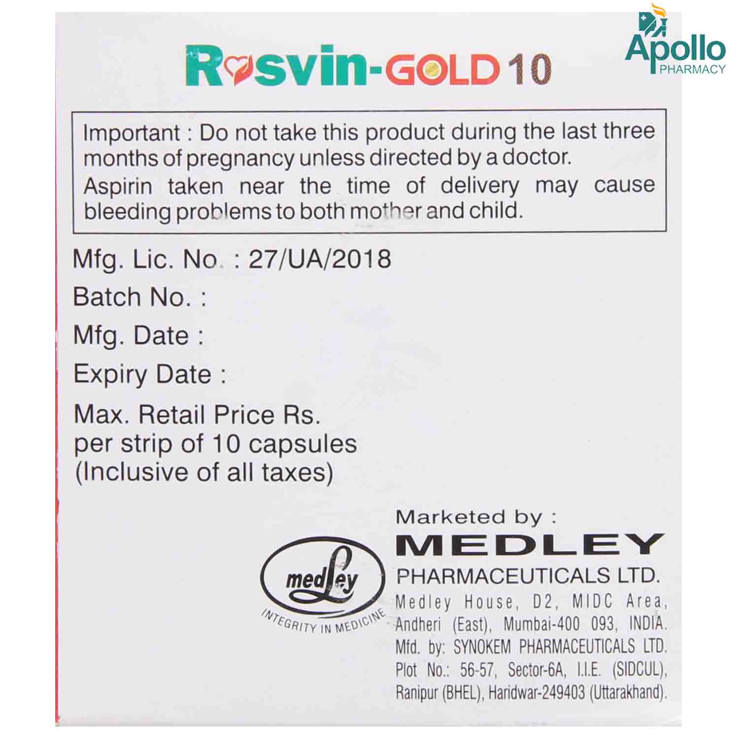 Rosvin Gold 10 Capsule 10's, Pack of 10 CAPSULES Rosvin Gold 10 Capsule 10's, Pack of 10 CAPSULES