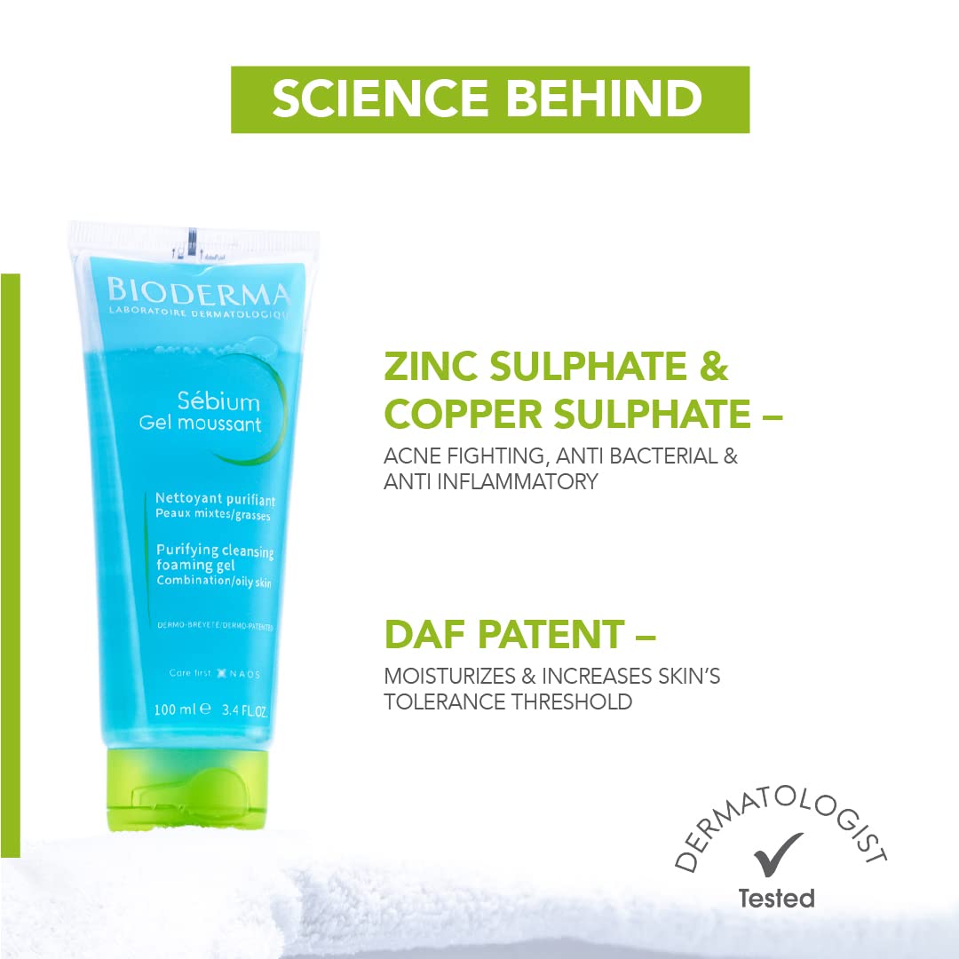 Bioderma Sebium Foaming Gel 100 ml |Zinc Sulphate, Copper Sulphate Purifies Skin | Controls Excess Oil | For Combination/Oily Skin, Pack of 1 Bioderma Sebium Foaming Gel 100 ml |Zinc Sulphate, Copper Sulphate Purifies Skin | Controls Excess Oil | For Combination/Oily Skin, Pack of 1