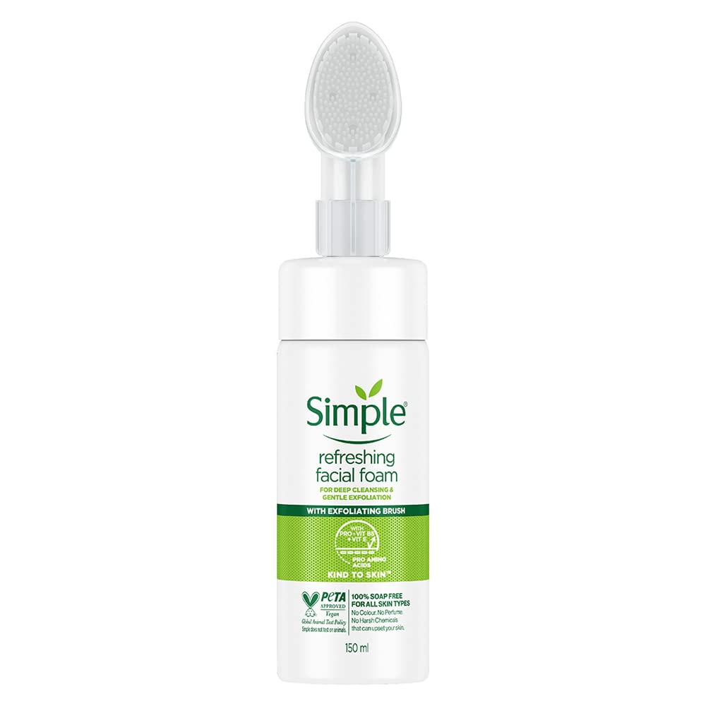 Simple Kind To Skin Refreshing Facial Foam 150 ml | With Exfoliating Brush | Pro Vitamin B5, E & Pro Amino Acids | Gentle Exfoliation | Removes Excess Oil, Dirt & Impurities | For All Skin Type, Pack of 1 Simple Kind To Skin Refreshing Facial Foam 150 ml | With Exfoliating Brush | Pro Vitamin B5, E & Pro Amino Acids | Gentle Exfoliation | Removes Excess Oil, Dirt & Impurities | For All Skin Type, Pack of 1