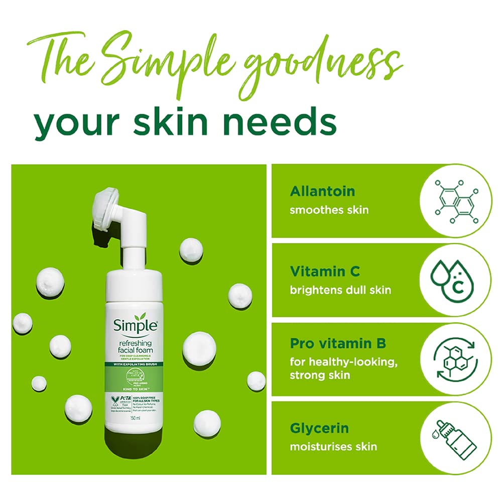 Simple Kind To Skin Refreshing Facial Foam 150 ml | With Exfoliating Brush | Pro Vitamin B5, E & Pro Amino Acids | Gentle Exfoliation | Removes Excess Oil, Dirt & Impurities | For All Skin Type, Pack of 1 Simple Kind To Skin Refreshing Facial Foam 150 ml | With Exfoliating Brush | Pro Vitamin B5, E & Pro Amino Acids | Gentle Exfoliation | Removes Excess Oil, Dirt & Impurities | For All Skin Type, Pack of 1