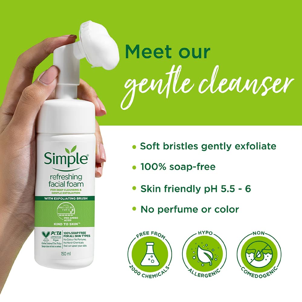 Simple Kind To Skin Refreshing Facial Foam 150 ml | With Exfoliating Brush | Pro Vitamin B5, E & Pro Amino Acids | Gentle Exfoliation | Removes Excess Oil, Dirt & Impurities | For All Skin Type, Pack of 1 Simple Kind To Skin Refreshing Facial Foam 150 ml | With Exfoliating Brush | Pro Vitamin B5, E & Pro Amino Acids | Gentle Exfoliation | Removes Excess Oil, Dirt & Impurities | For All Skin Type, Pack of 1