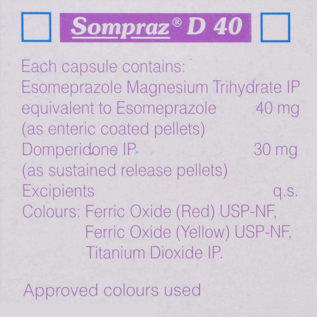 Sompraz D 40 Capsule 15's, Pack of 15 CAPSULE SRS Sompraz D 40 Capsule 15's, Pack of 15 CAPSULE SRS