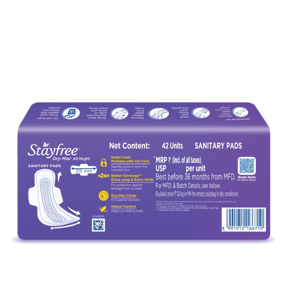 Stayfree Dry-Max All Night Ultra-Dry Pads With Wings XXL, 42 Count, Pack of 1 Stayfree Dry-Max All Night Ultra-Dry Pads With Wings XXL, 42 Count, Pack of 1