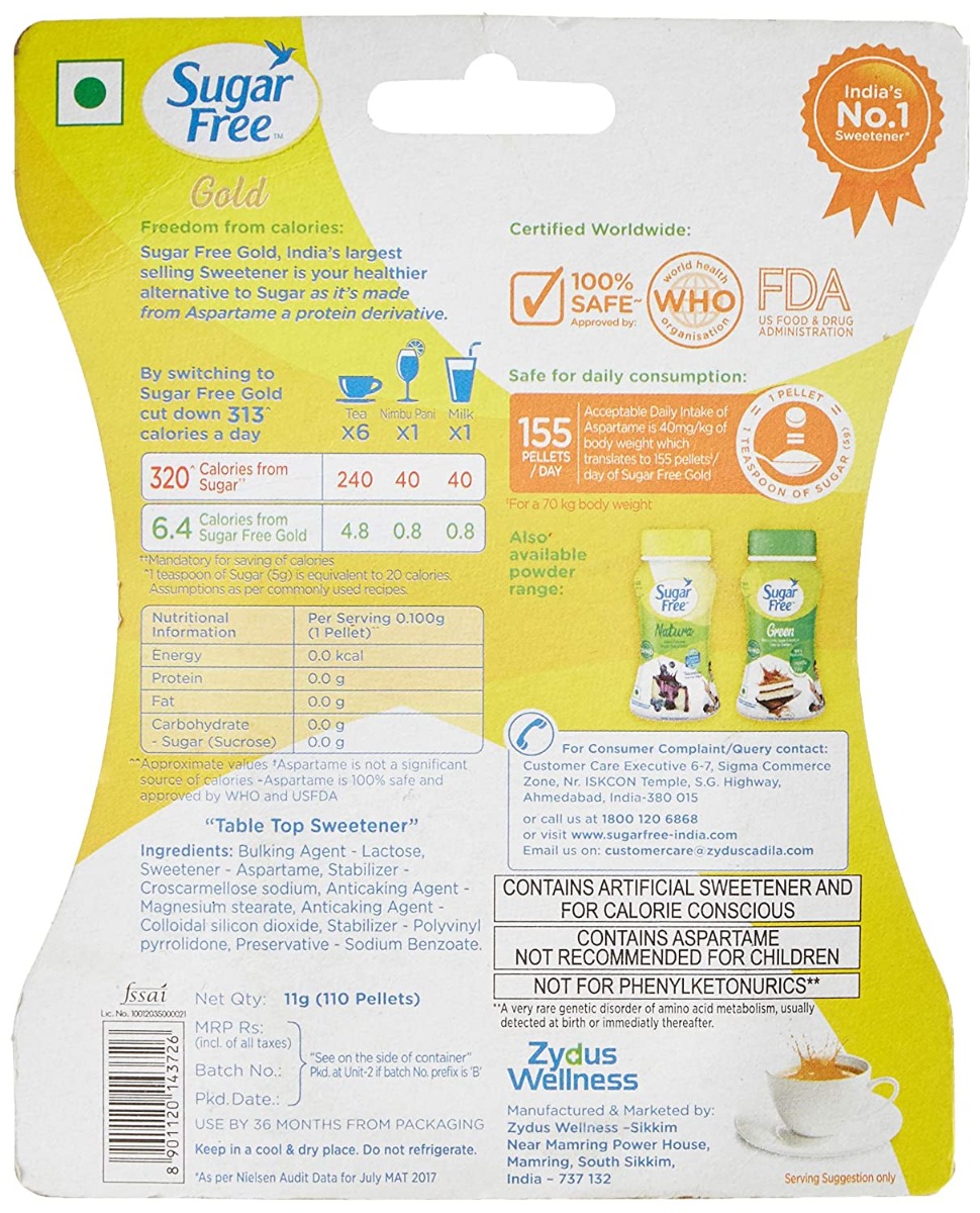 Sugar Free Gold Low Calorie Sweetener, 100 Pellets Price, Uses, Side Effects, Composition