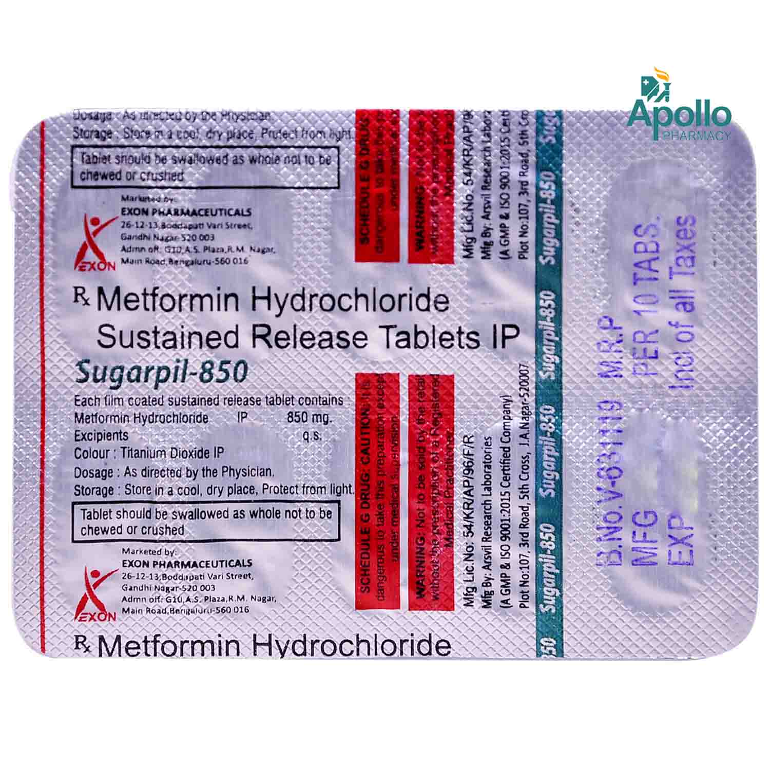 Sugarpil-850mg Sr Tablet 10's, Pack of 10 TabletS Sugarpil-850mg Sr Tablet 10's, Pack of 10 TabletS