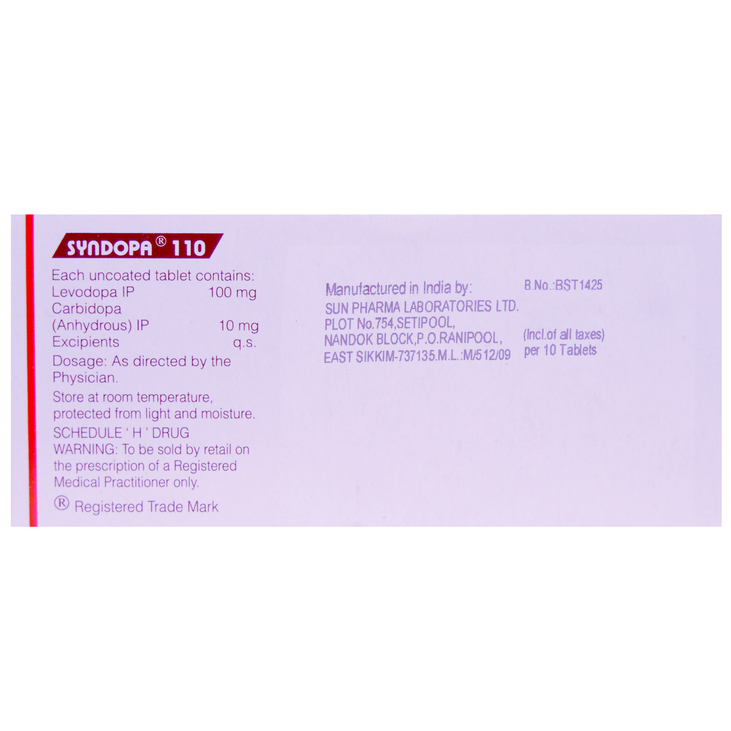 Syndopa 110 Tablet 10's, Pack of 10 TABLETS Syndopa 110 Tablet 10's, Pack of 10 TABLETS