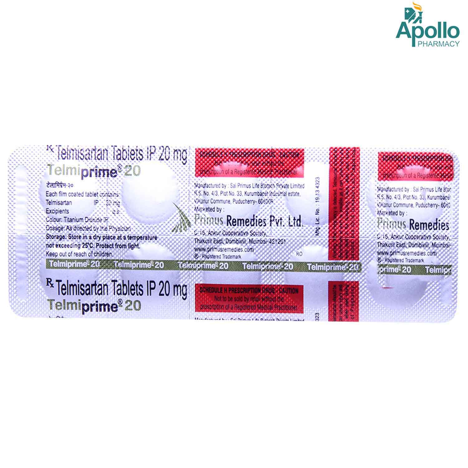 Telmiprime-20 Tablet 10's, Pack of 10 TABLETS Telmiprime-20 Tablet 10's, Pack of 10 TABLETS